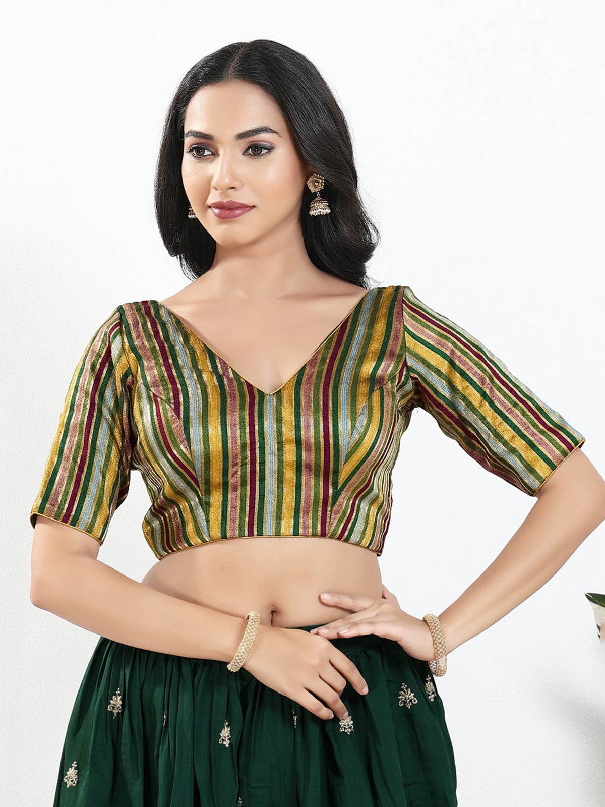 Green multi stripe brocade ready blouse