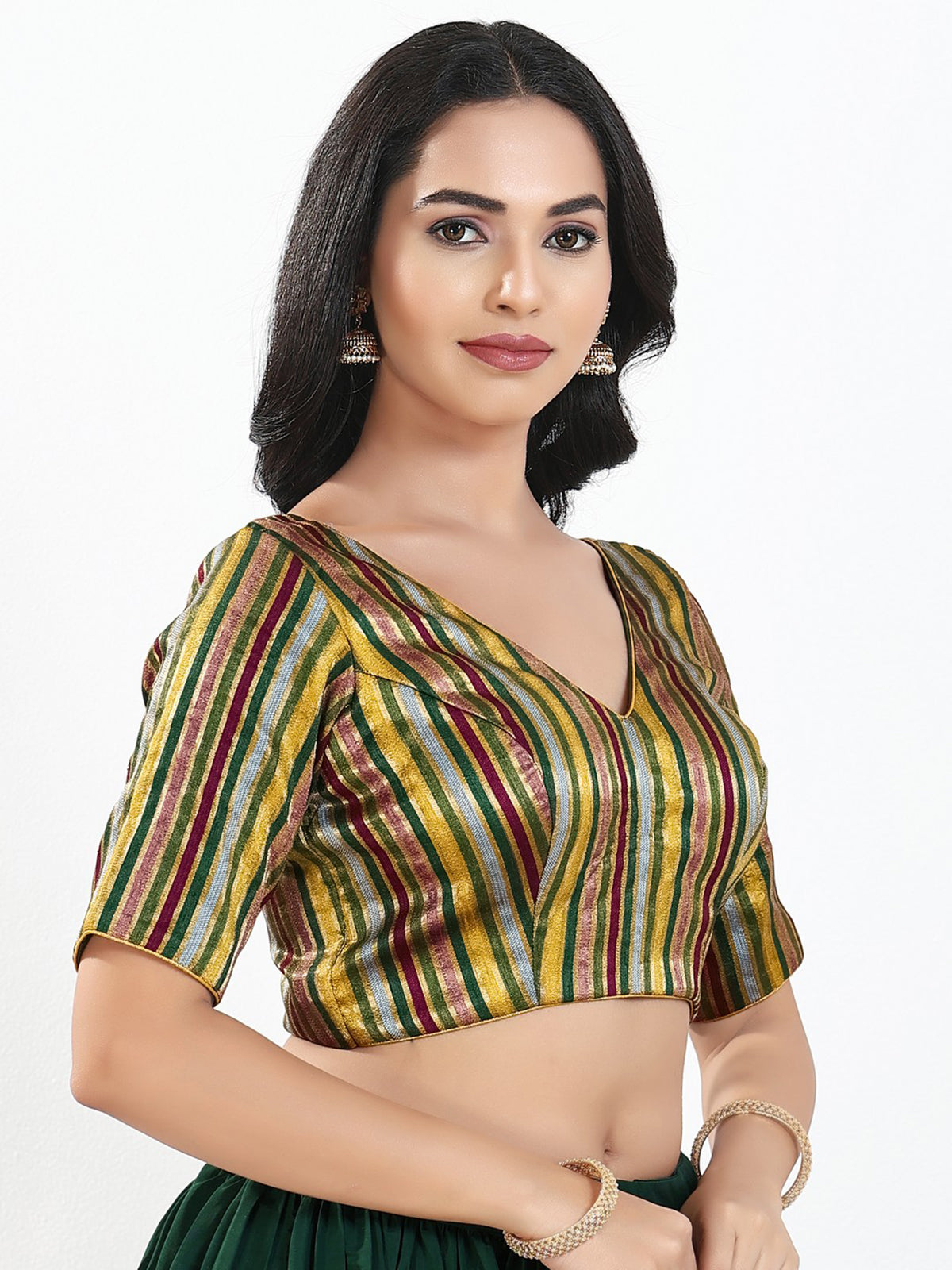 Green multi stripe brocade ready blouse