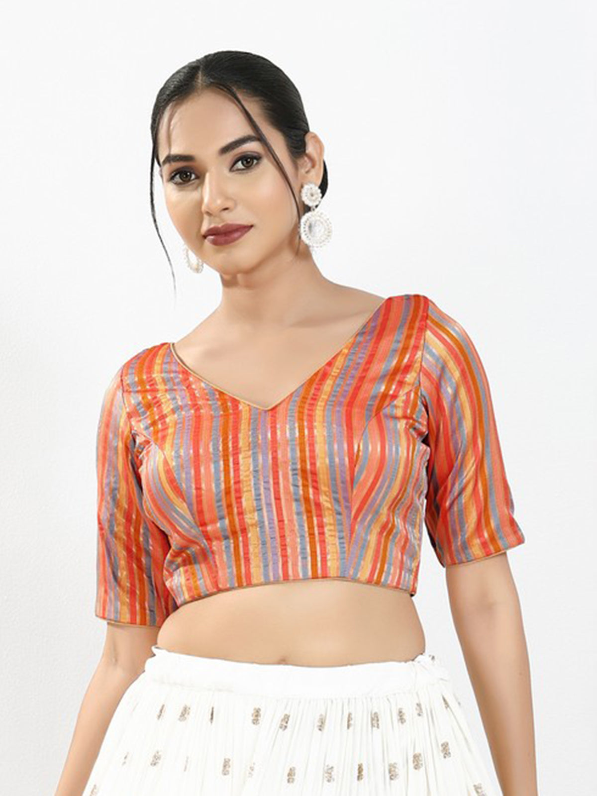 Orange multi stripe brocade V neck blouse