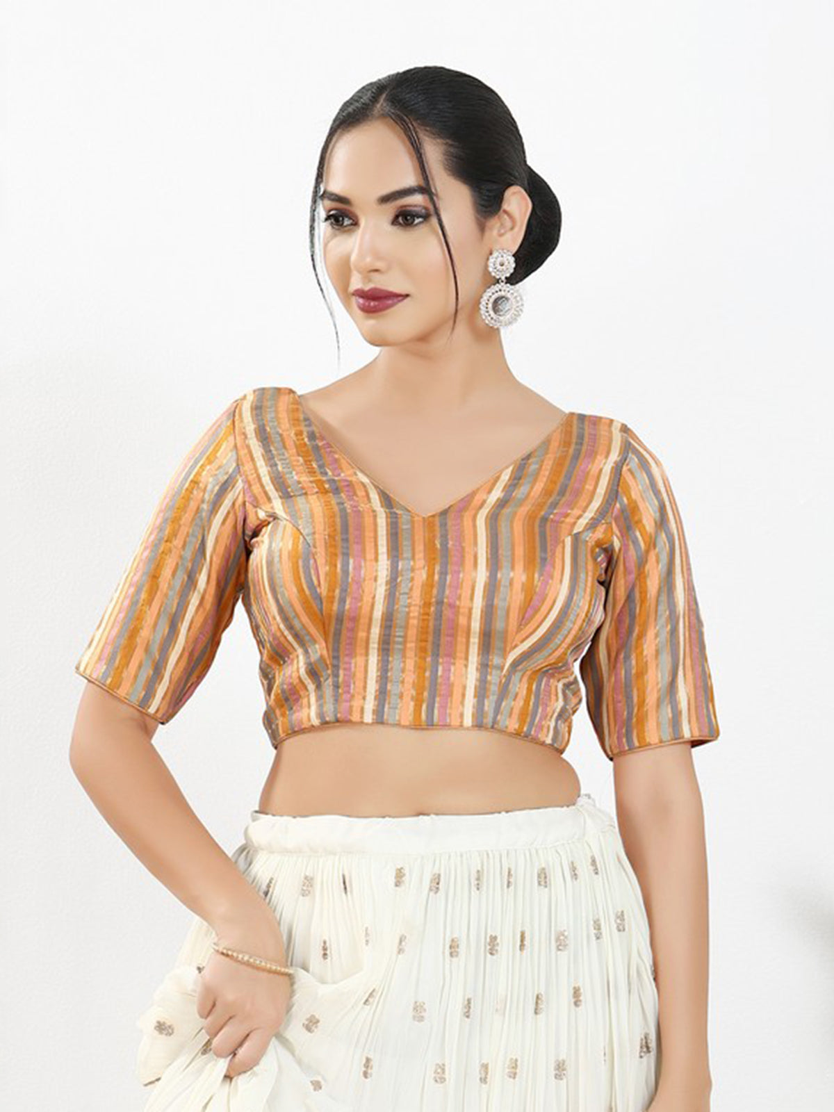 Peach multi stripe brocade ready blouse