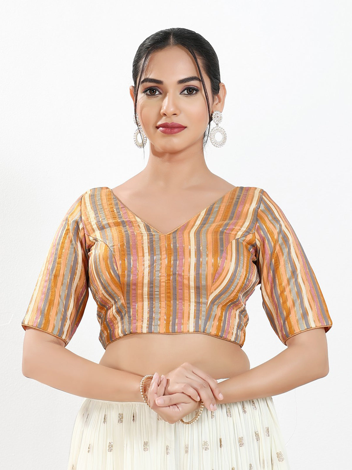 Peach multi stripe brocade ready blouse