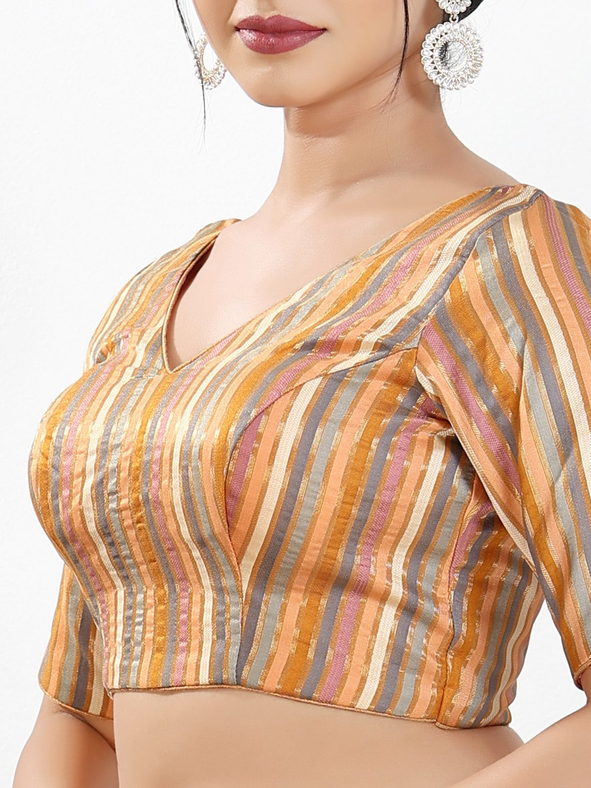 Peach multi stripe brocade ready blouse