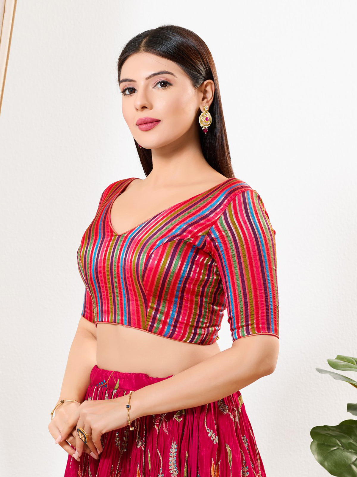 Pink multi stripe brocade elbow sleeve blouse