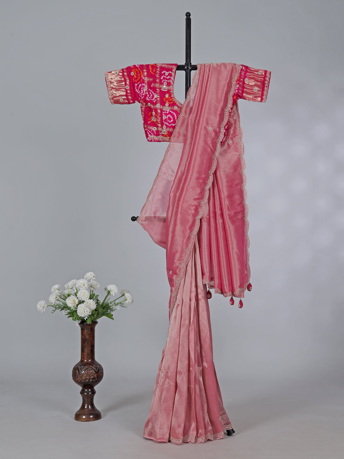 Pastel pink tissue silk designer saree