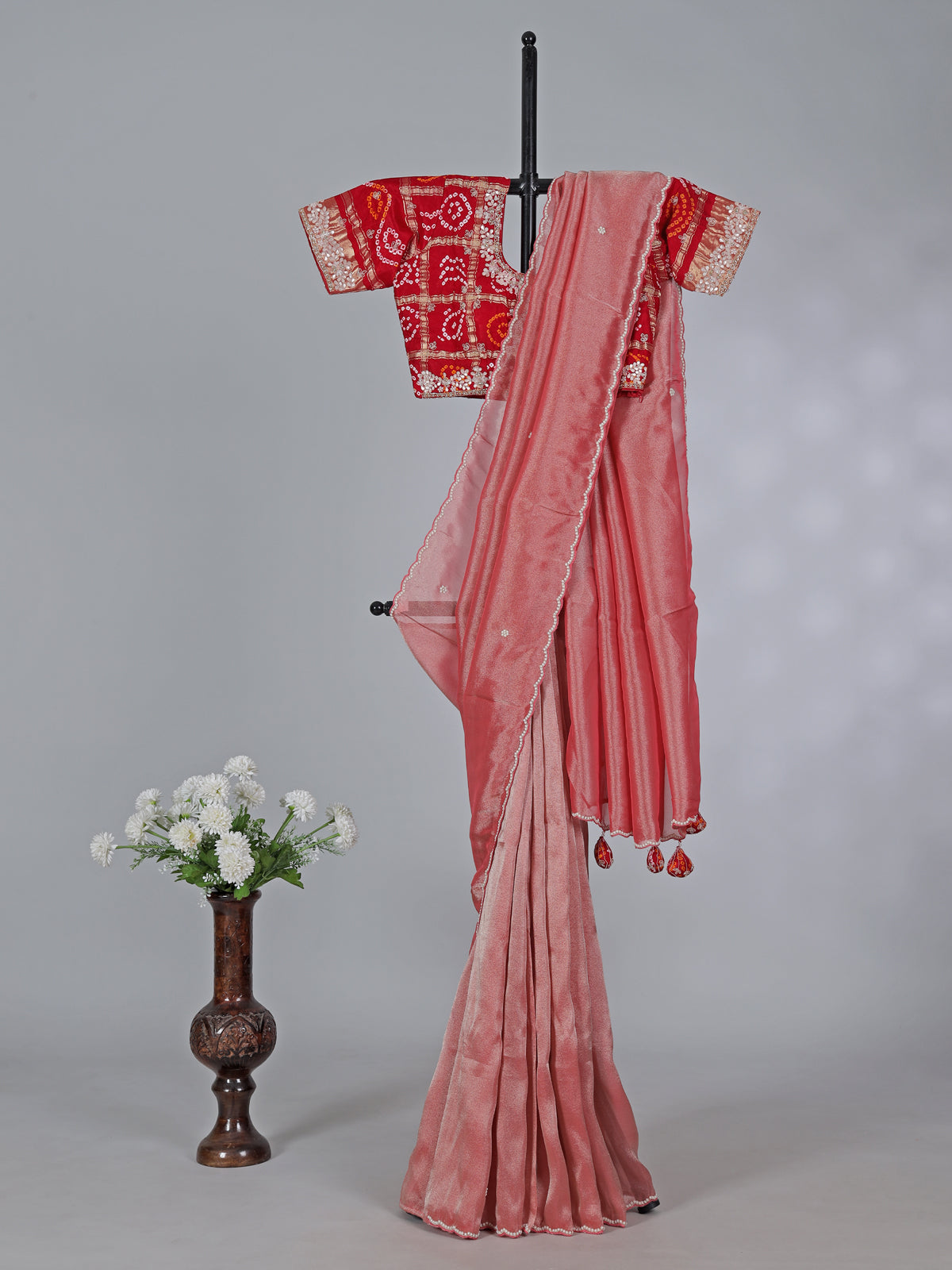 Peach tissue silk gota and zardosi work saree