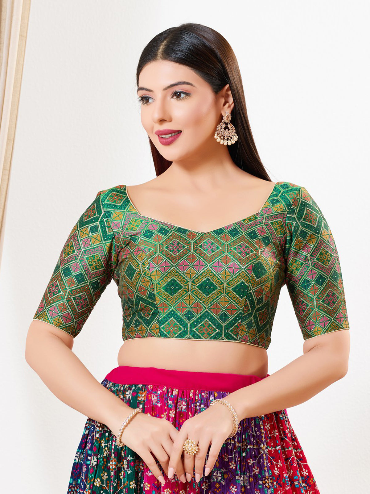 Green multi printed brocade sweetheart blouse