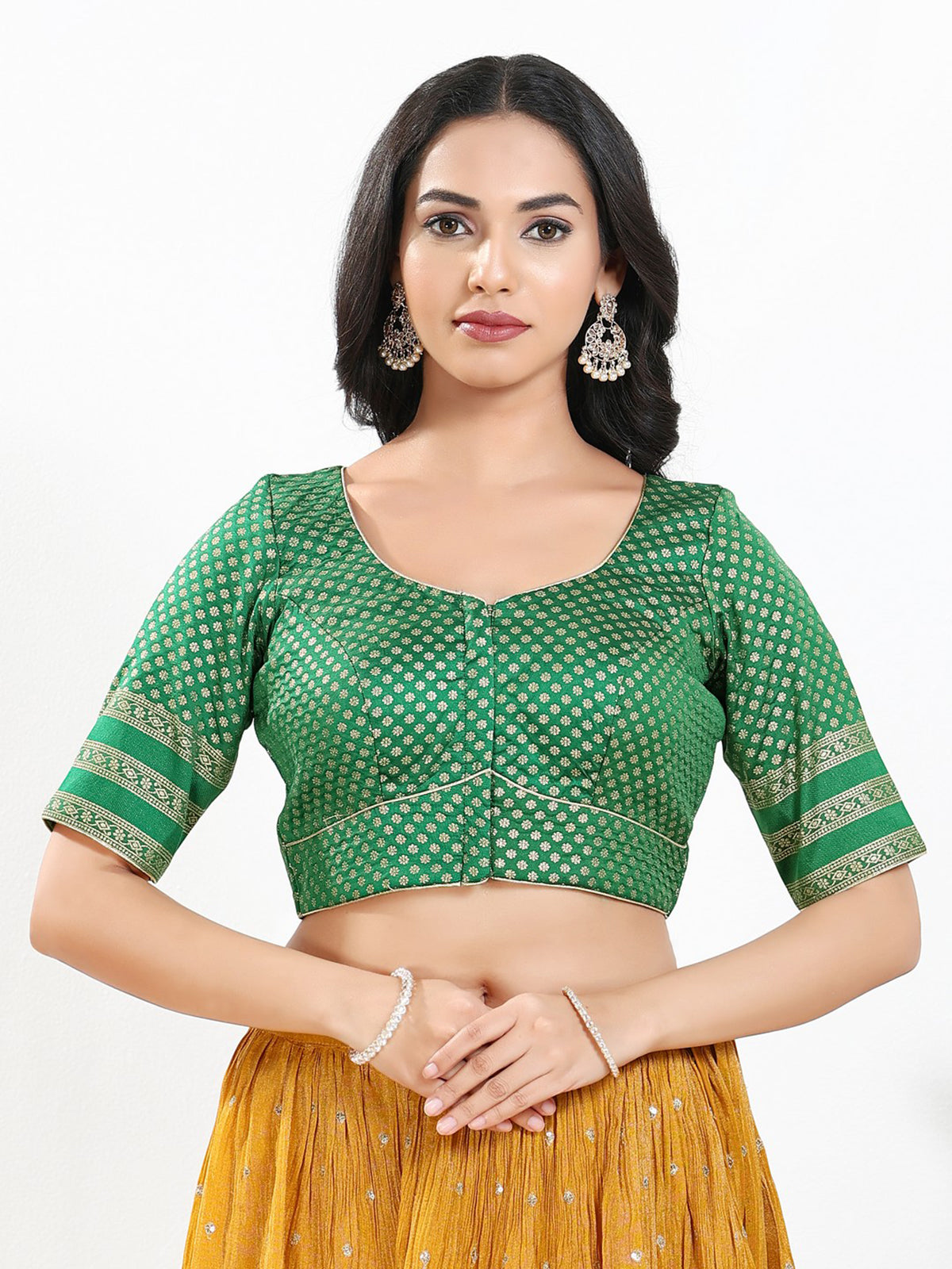 Green zari brocade round neck blouse