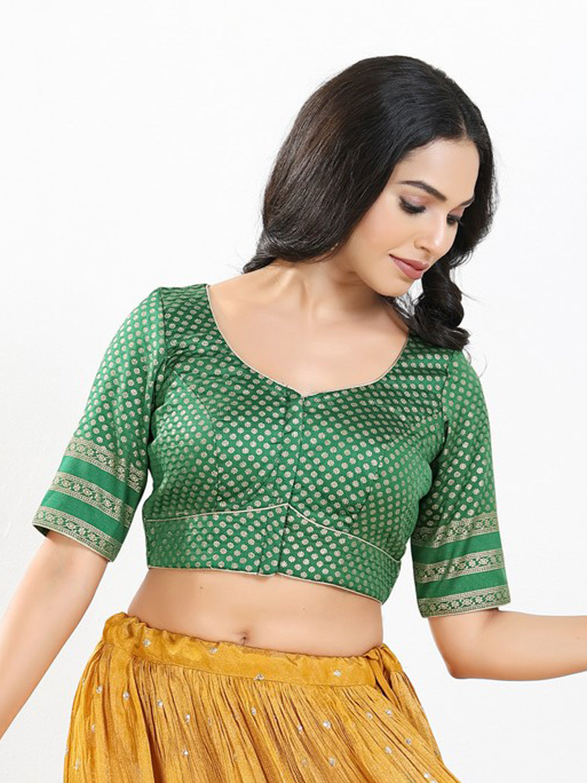 Green zari brocade round neck blouse