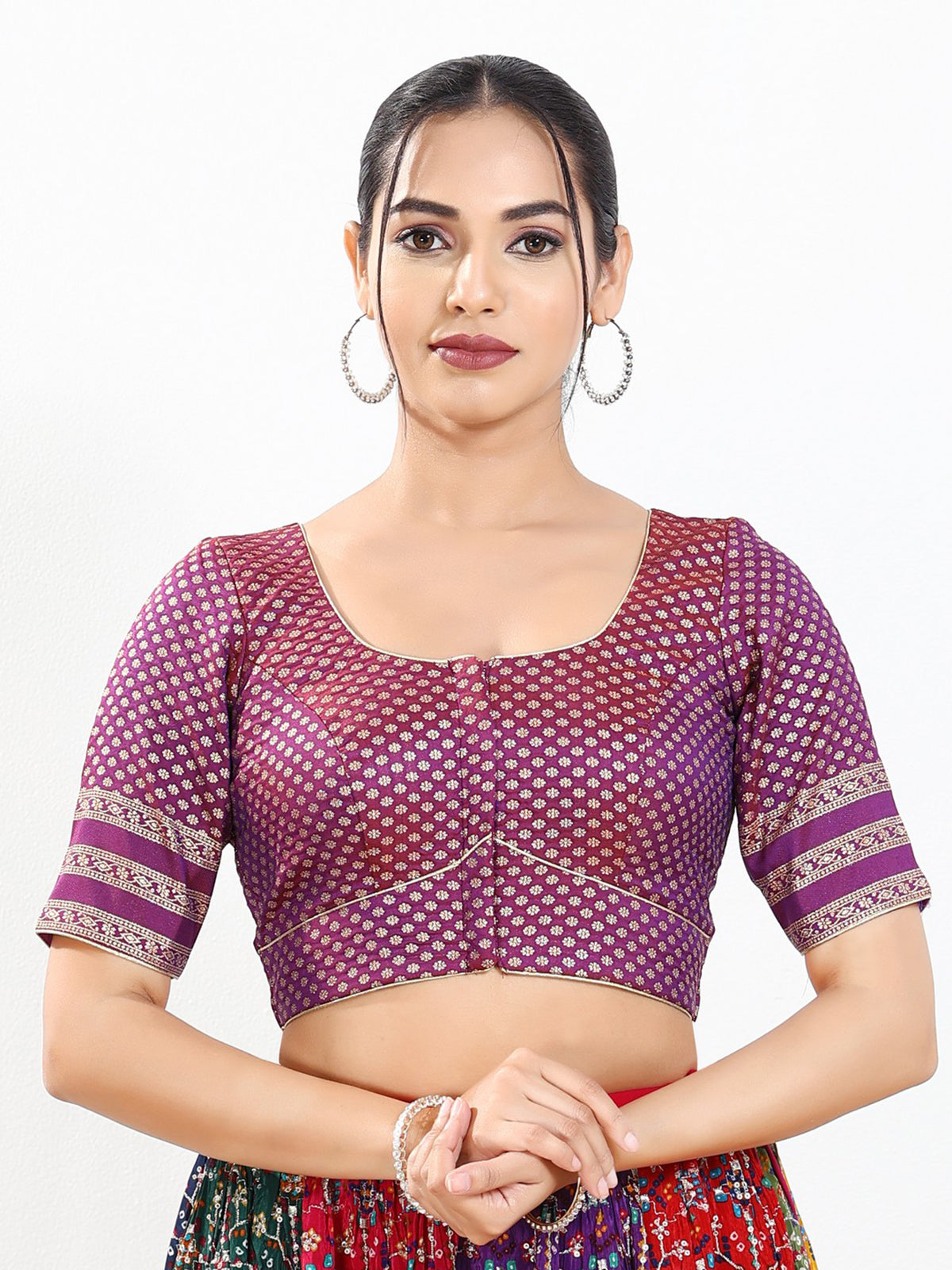 Purple zari brocade round neck blouse
