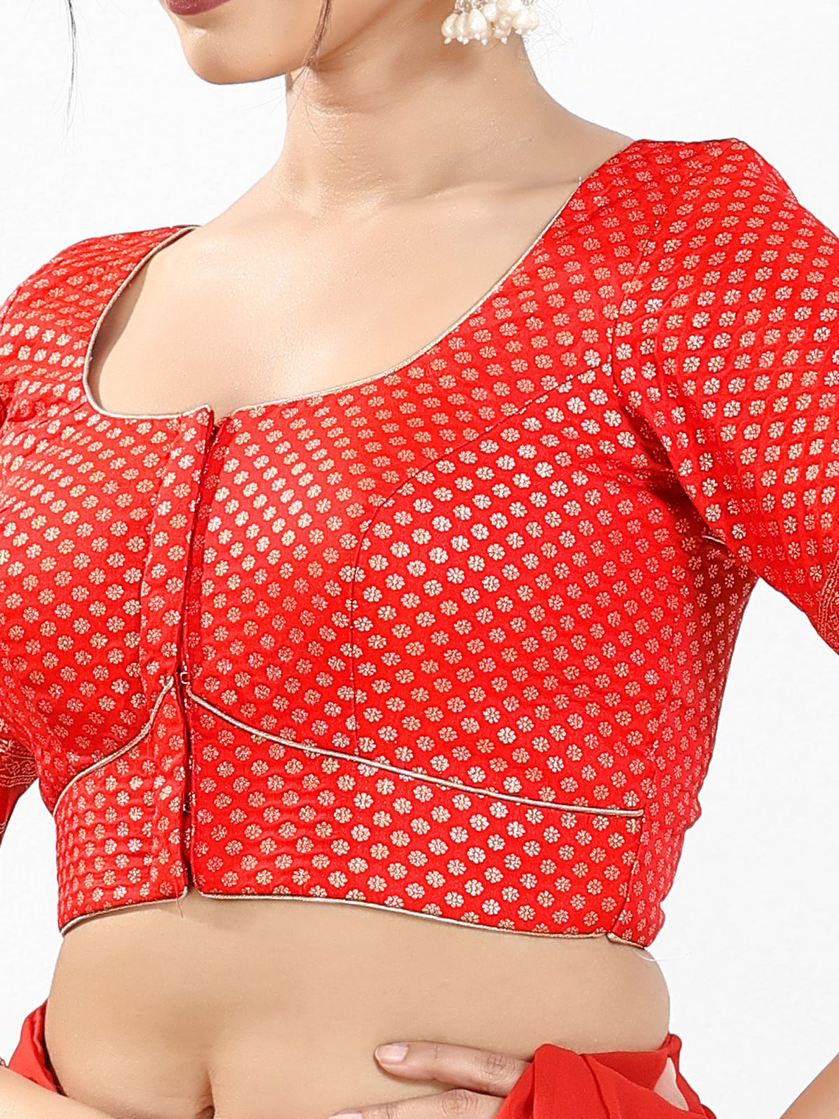 Red zari brocade round neck blouse