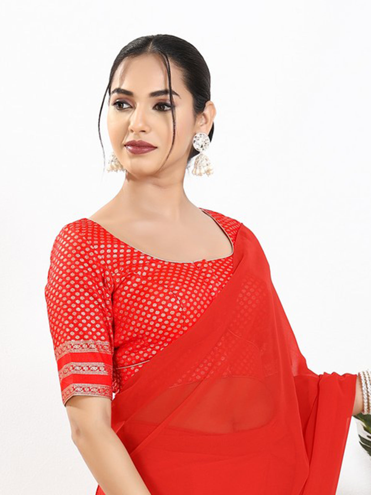 Red zari brocade round neck blouse