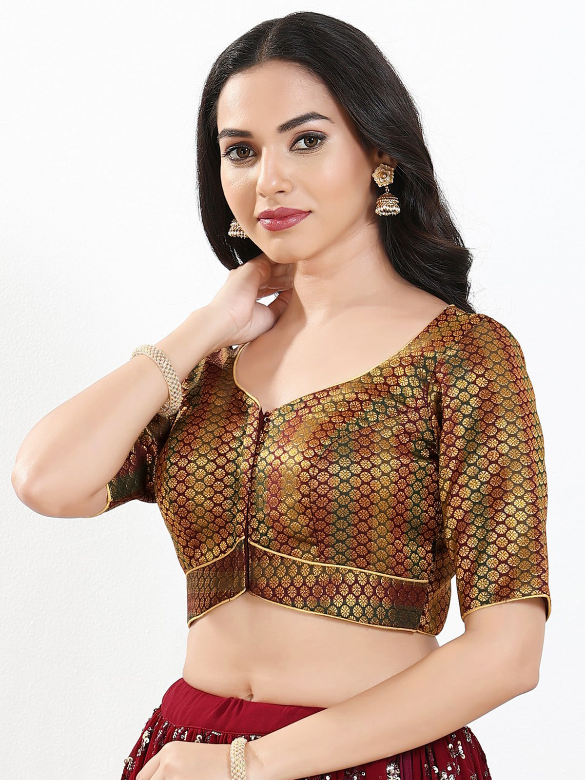 Dark maroon zari brocade sweetheart neck blouse