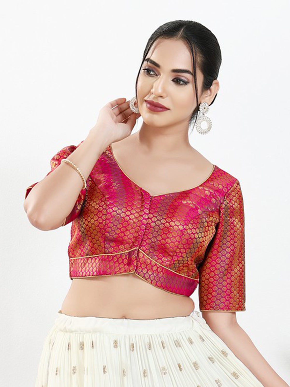 Pink zari brocade sweetheart neck blouse