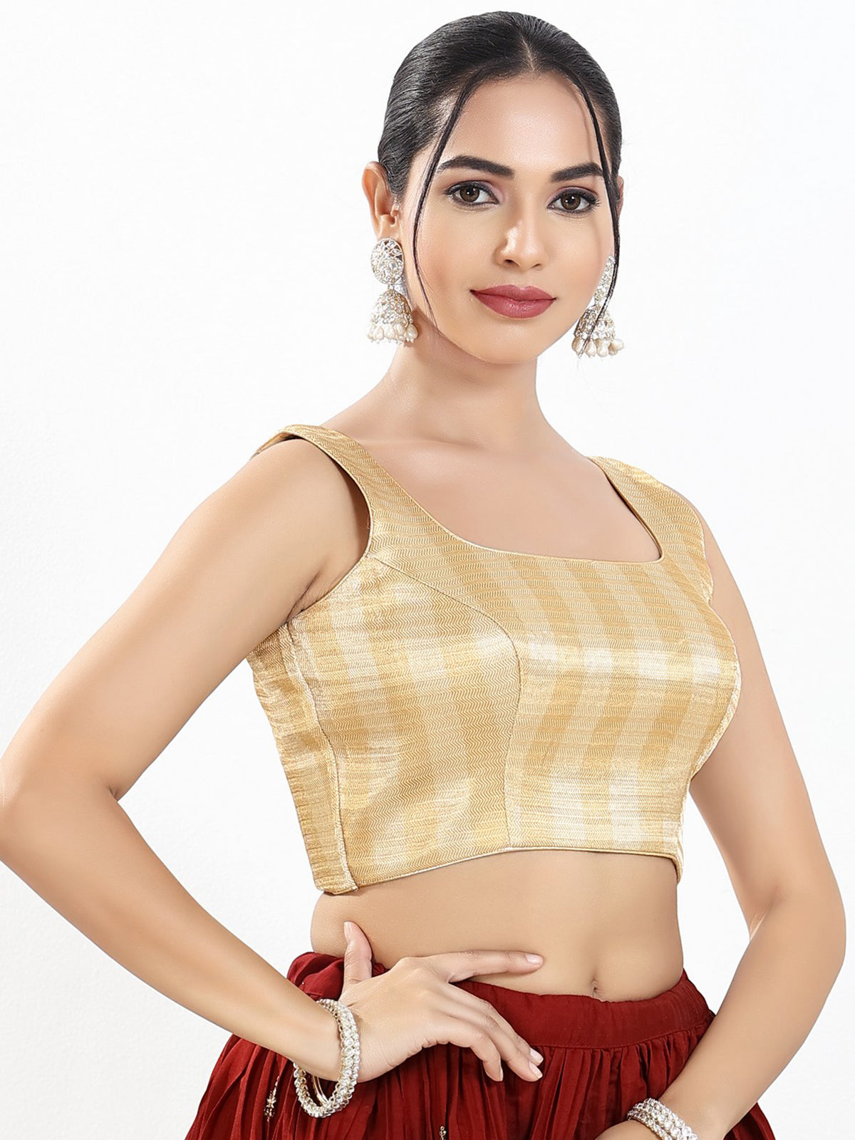 Gold zari brocade square neck sleeveless blouse