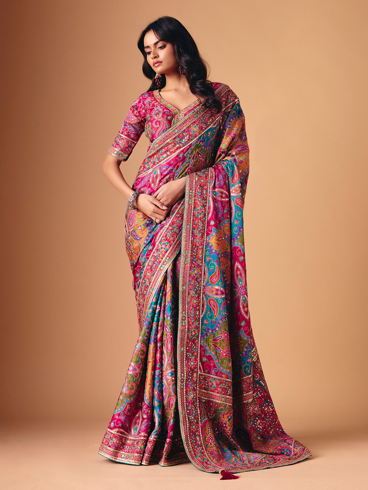 Multicolor semi silk zari work party wear saree