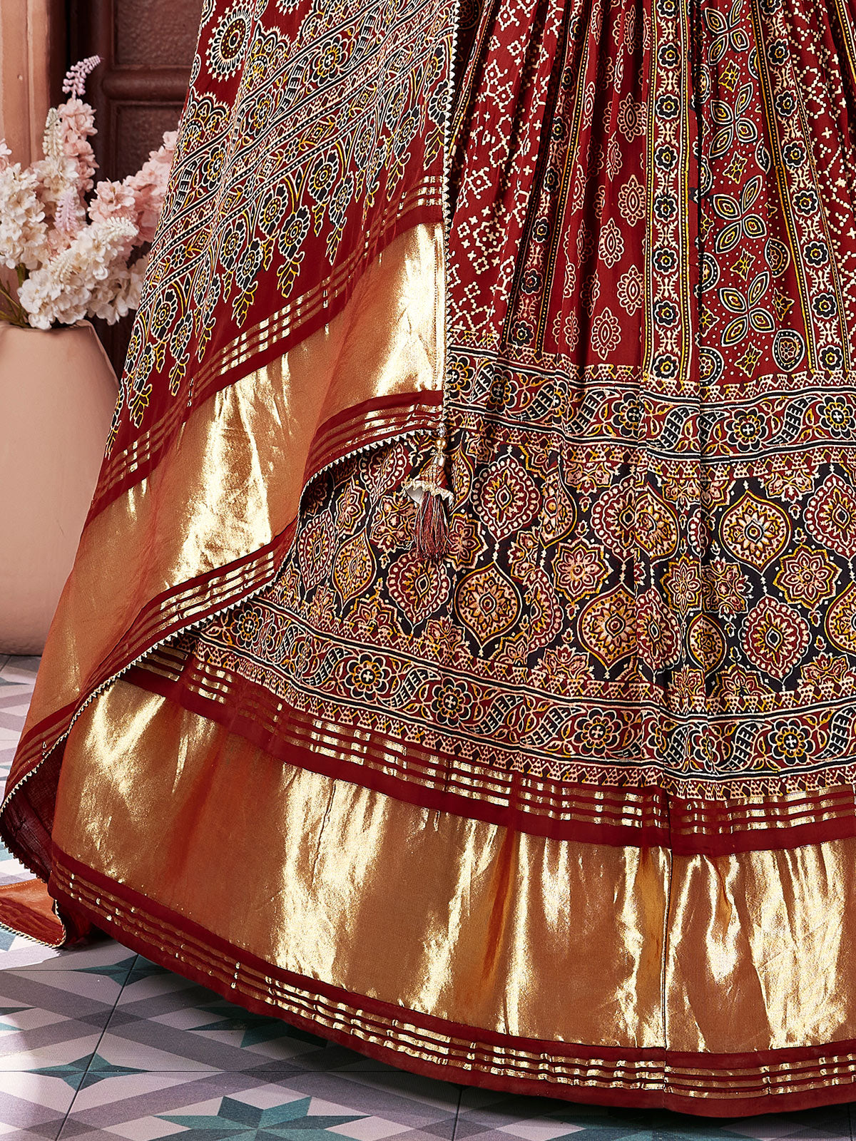 Maroon printed cotton silk zari work lehenga choli