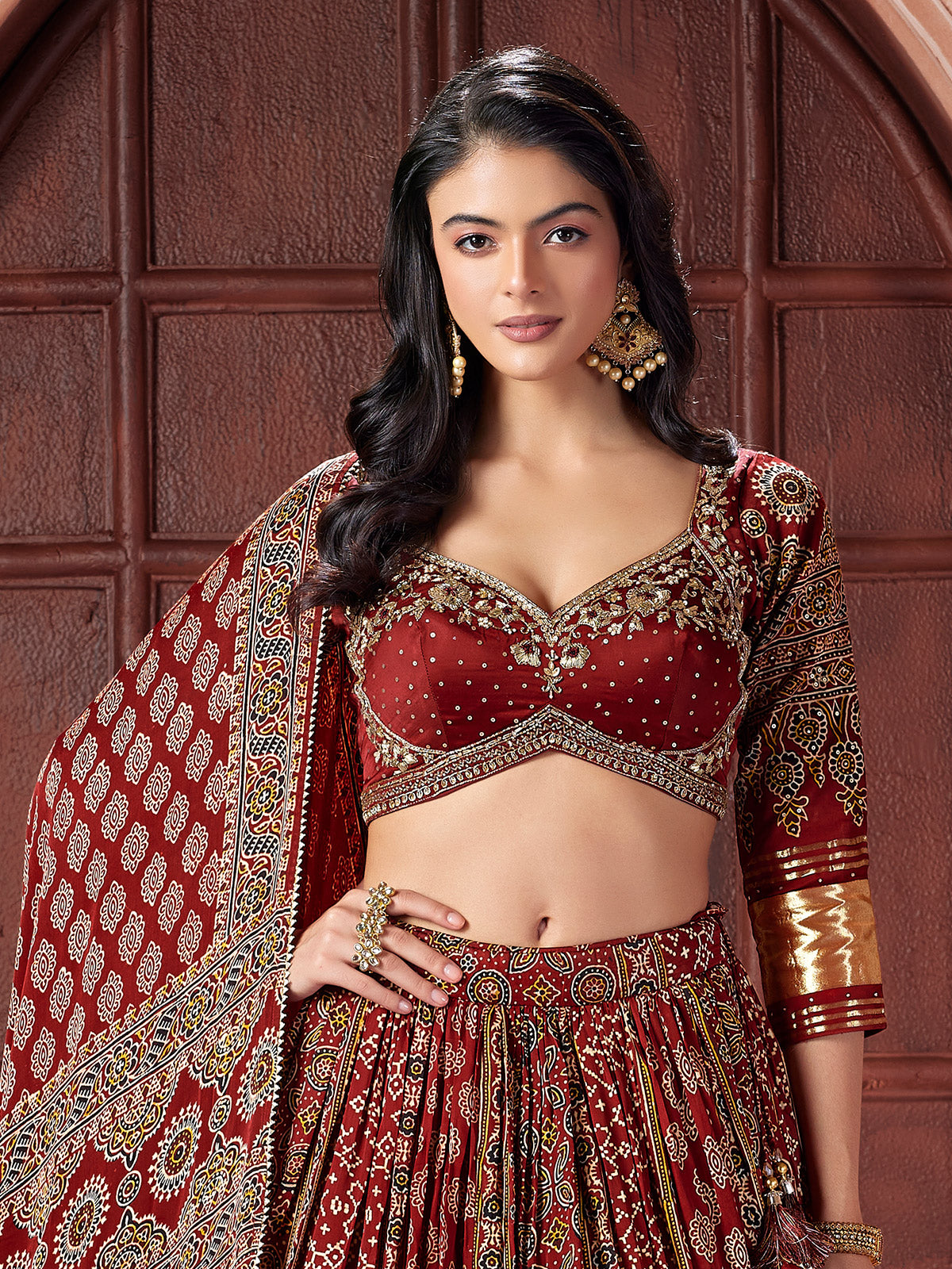 Maroon printed cotton silk zari work lehenga choli
