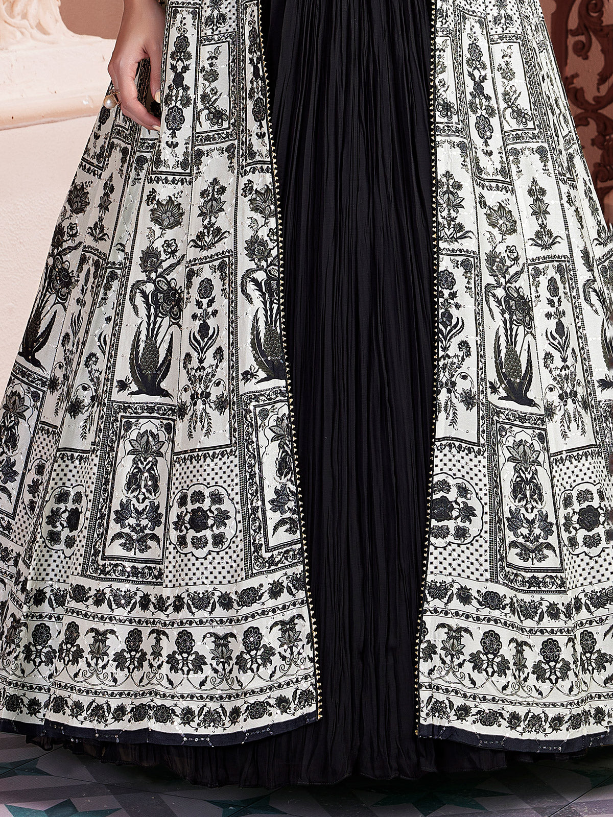 Black silk designer long jacket style lehenga choli