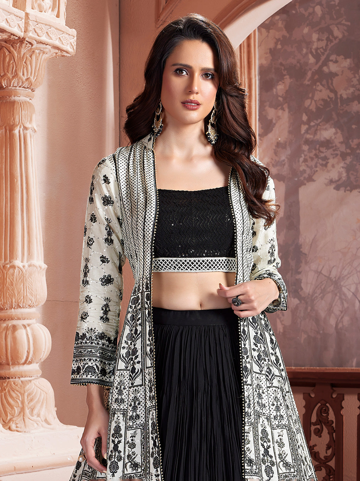 Black silk designer long jacket style lehenga choli
