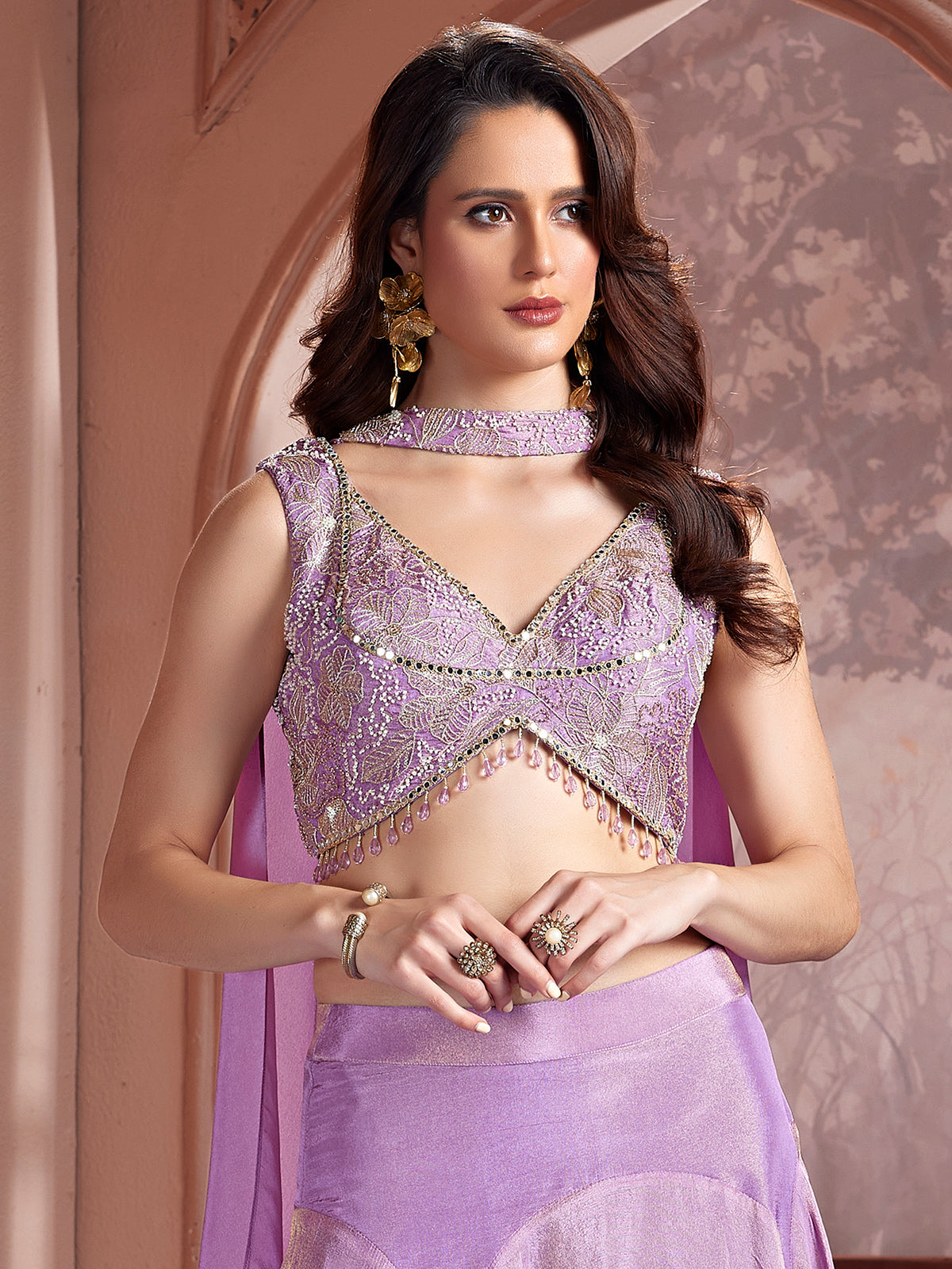 Lilac purple crepe silk V neck lehenga choli