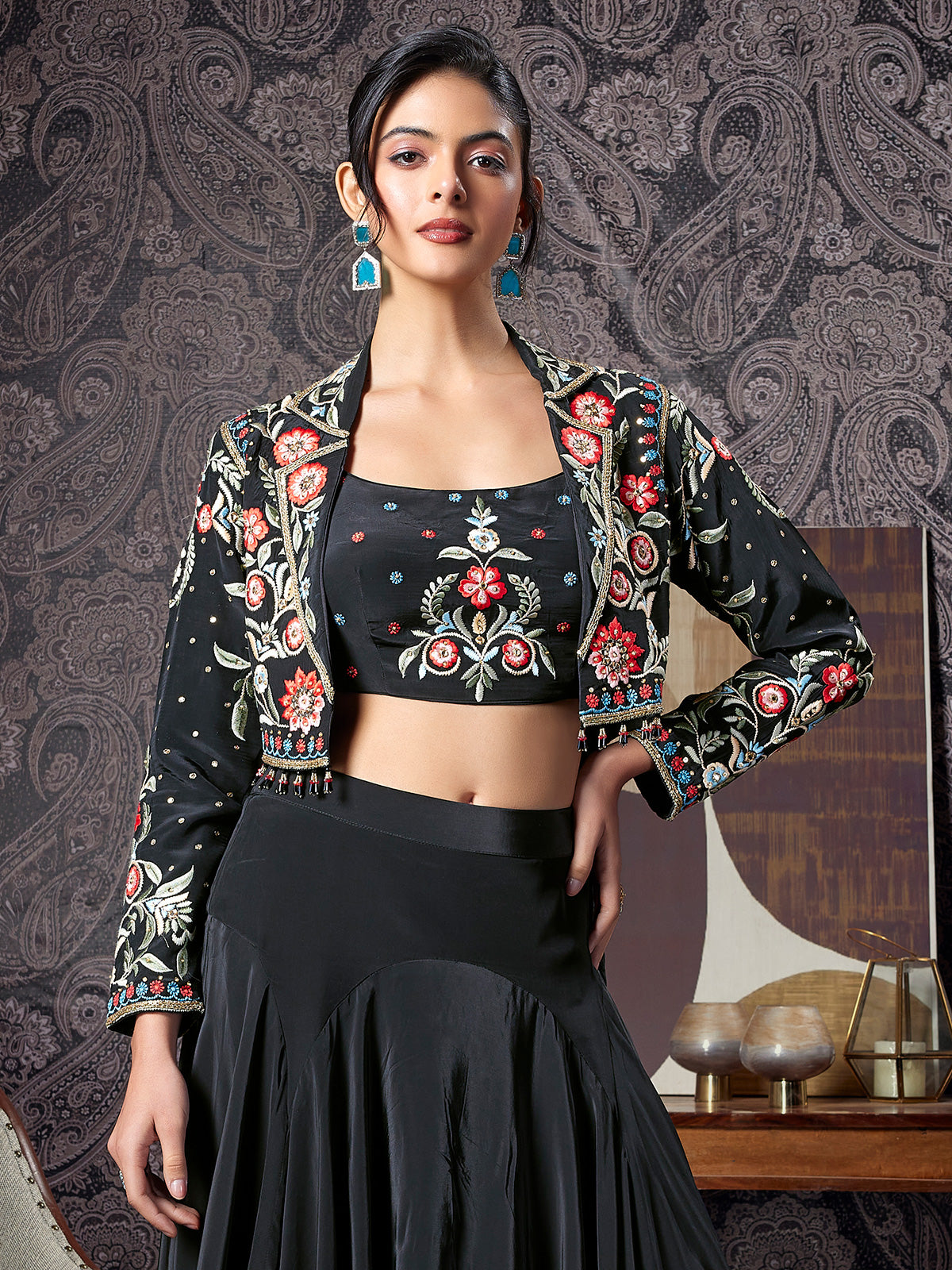 Black crepe silk beaded jacket style lehenga choli