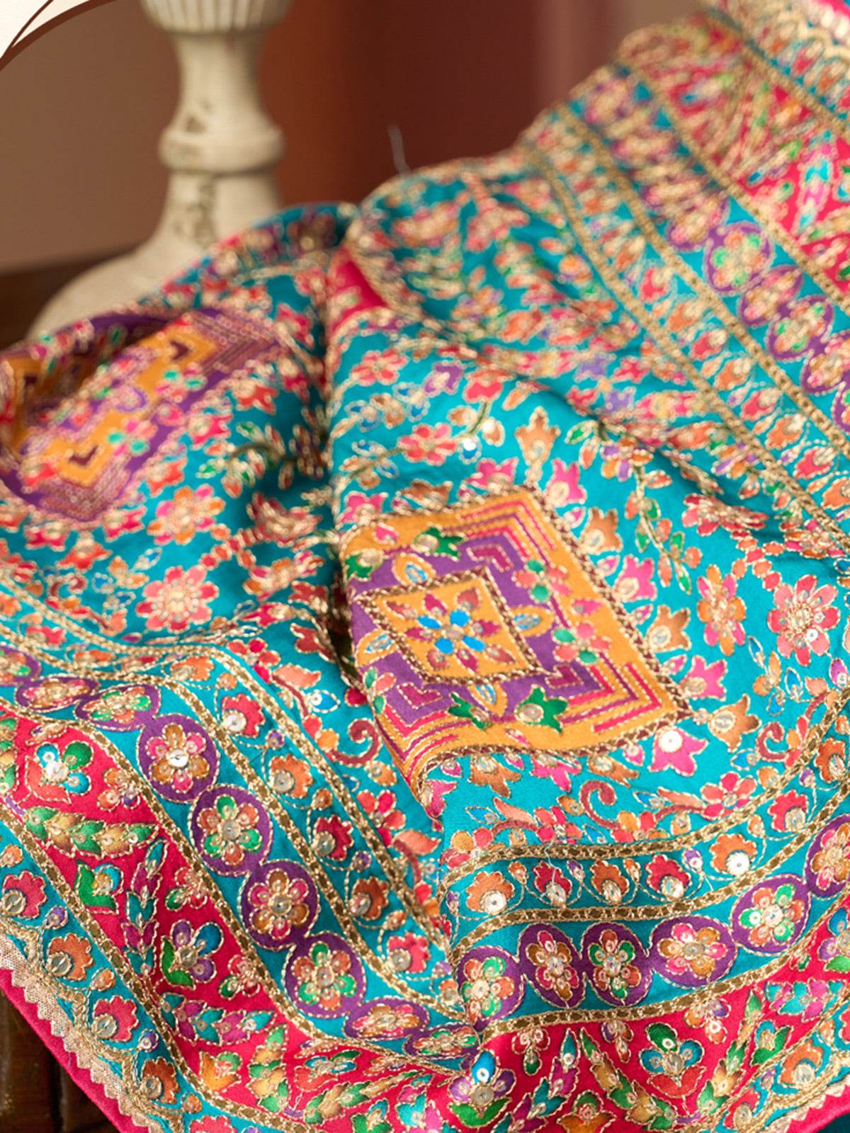 Aqua blue printed satin silk wedding wear saree