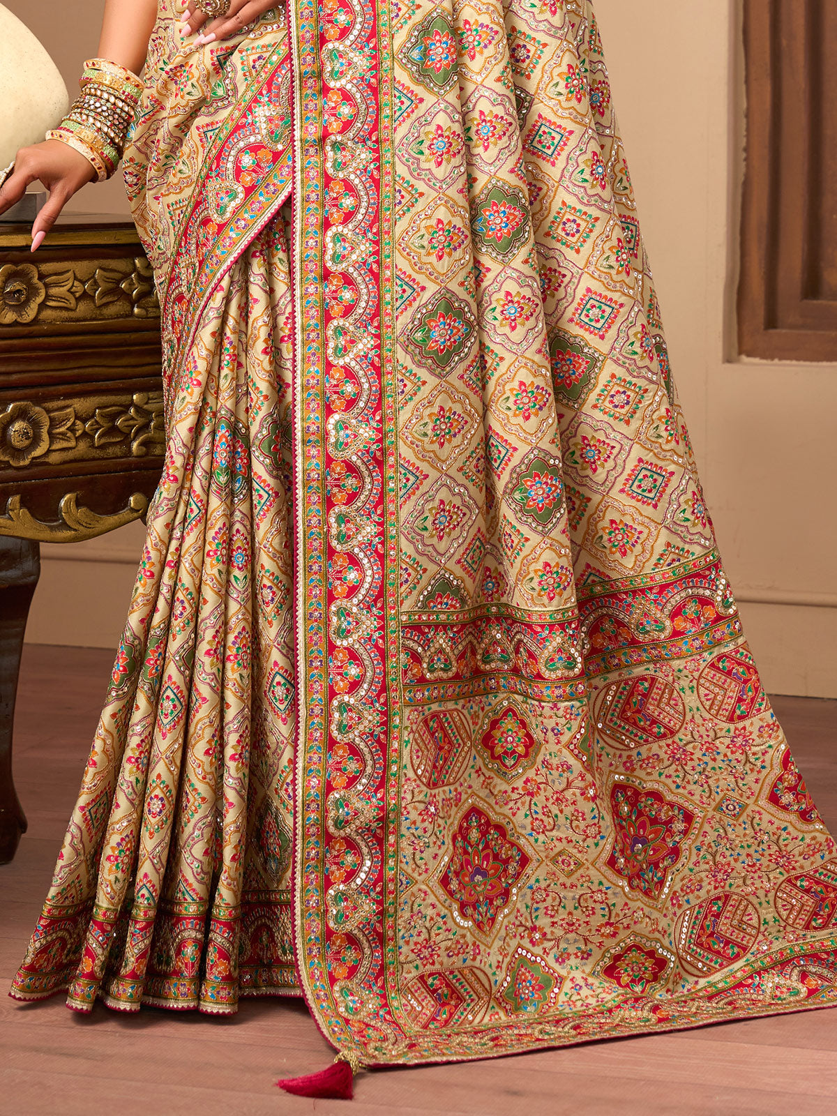 Cream printed satin silk embellished saree