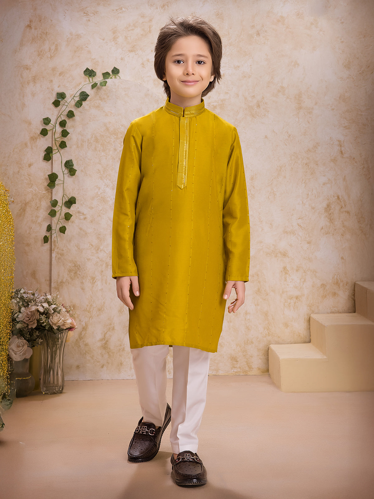 Yellow festive kurta suit in cotton silk for boys