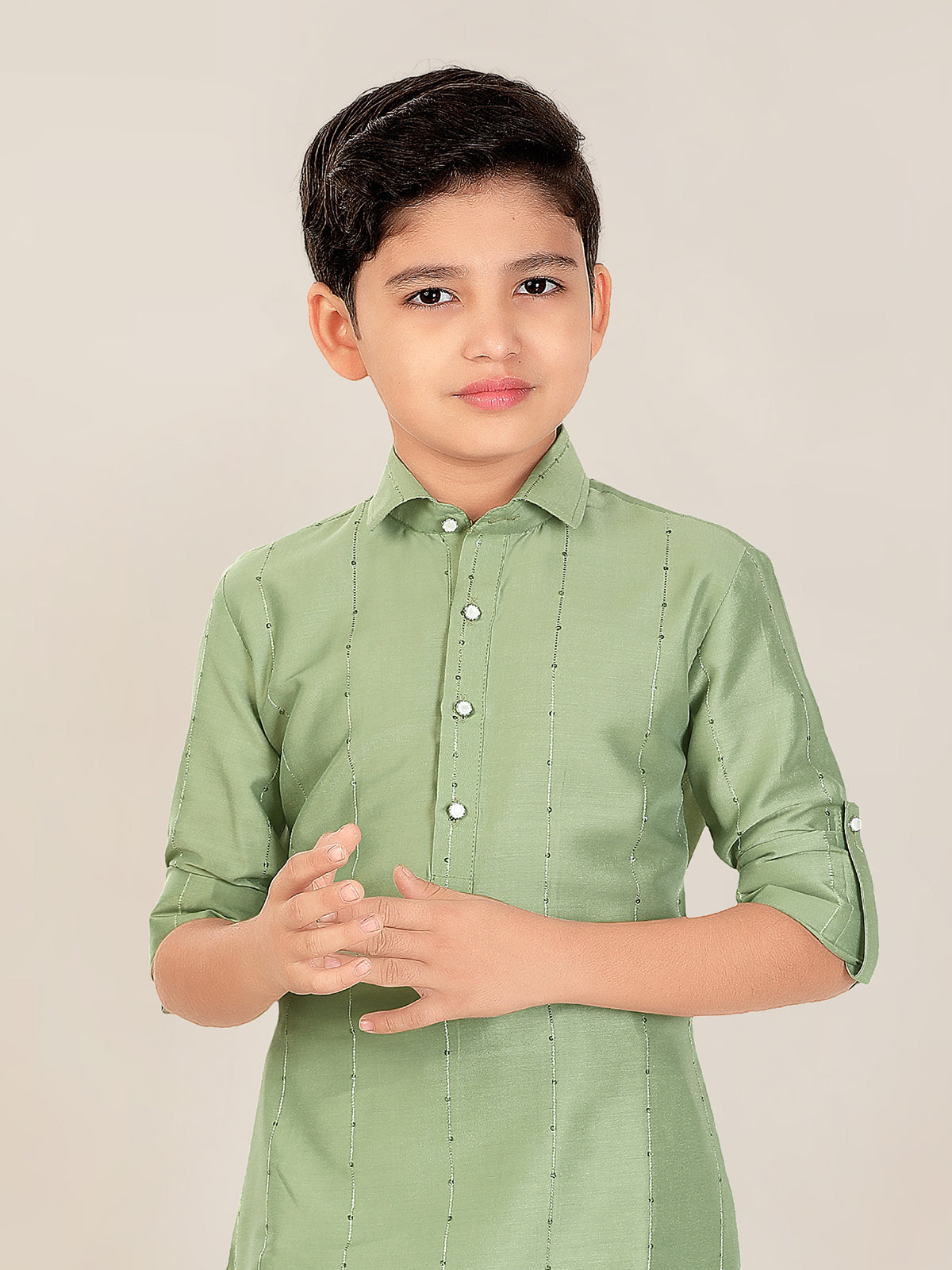 Pista green cotton silk boys pathani suit festive