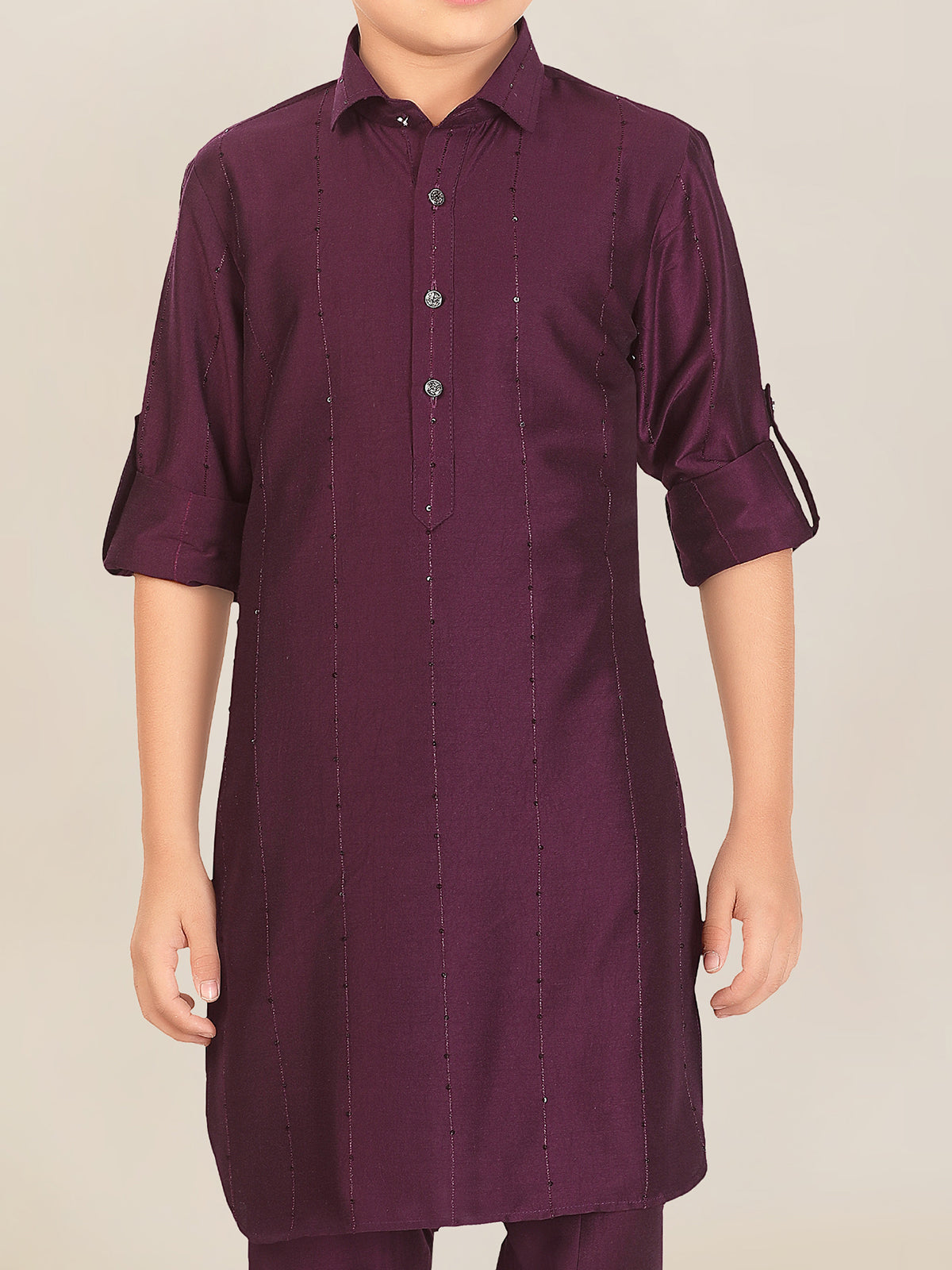 Wine cotton silk boys pathani suit for eid celebration