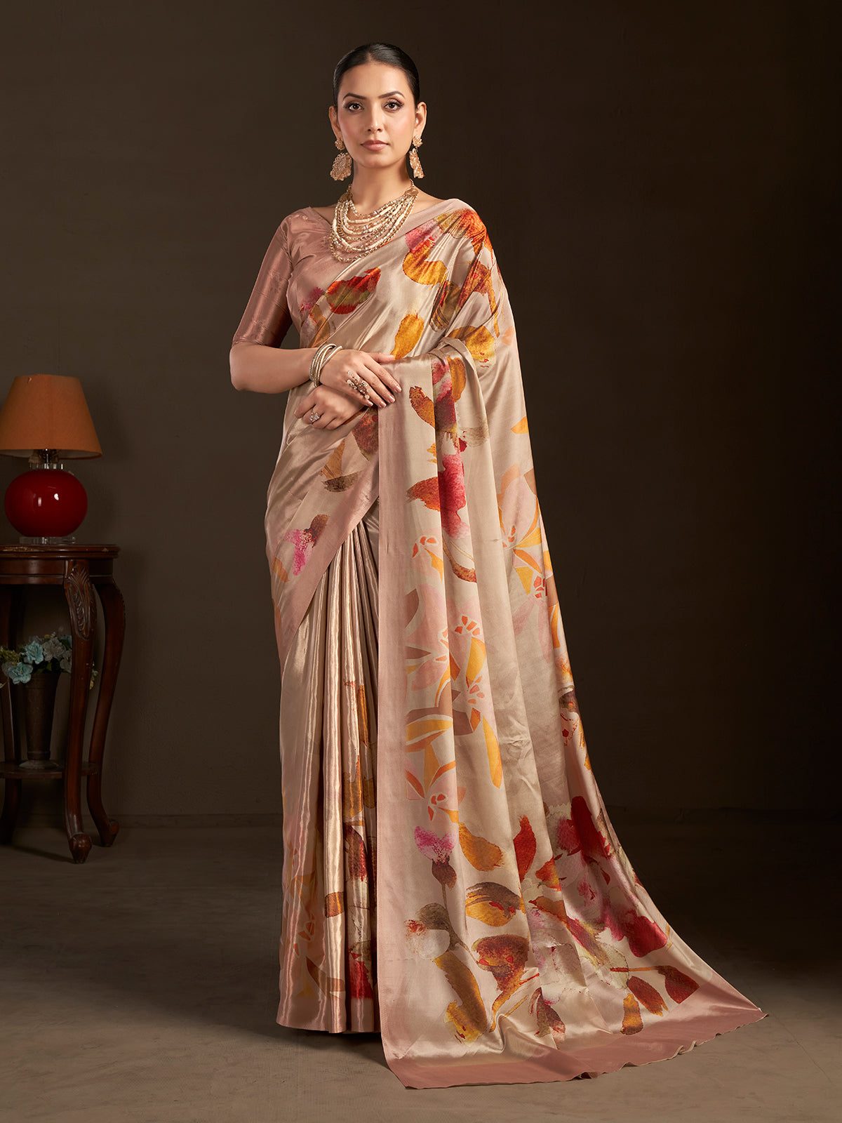 Pastel beige ready to wear silk crepe saree