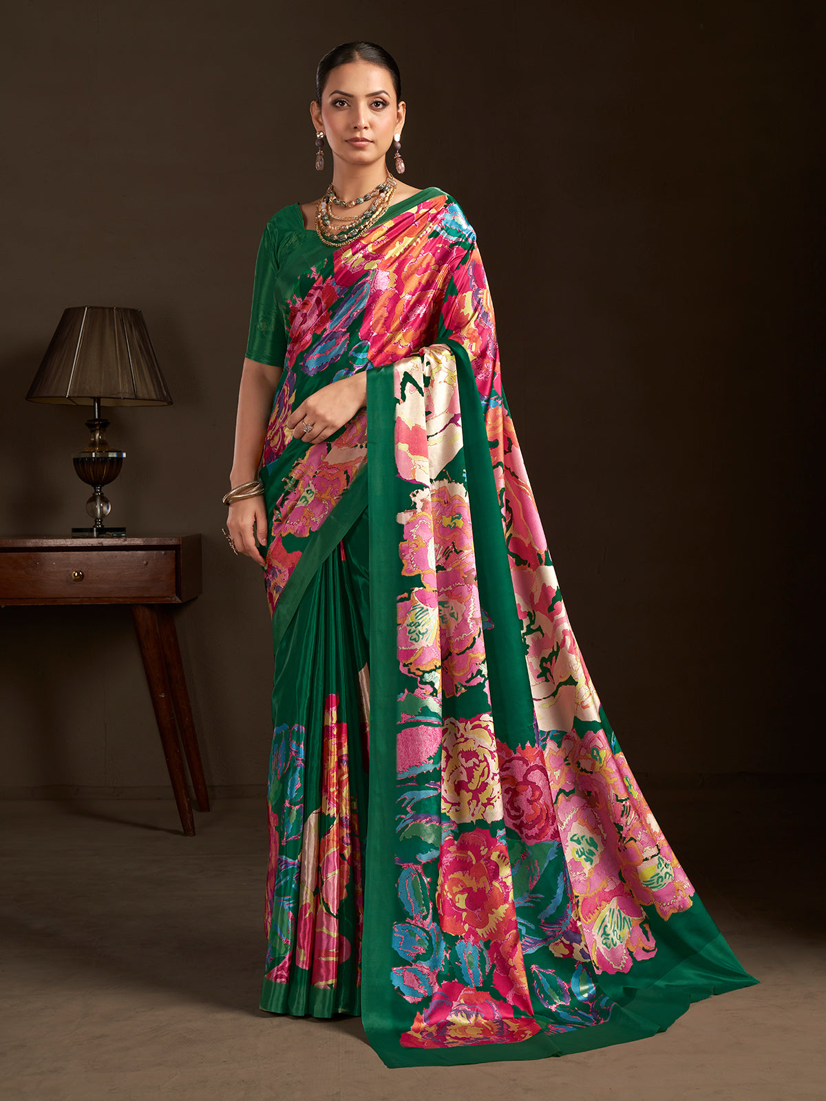 Pastel green printed ready to wear silk crepe saree