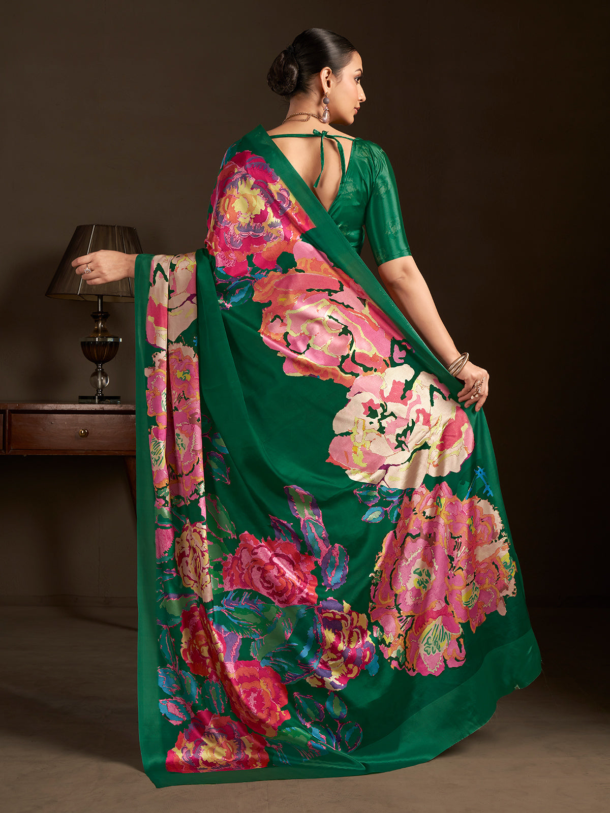 Pastel green printed ready to wear silk crepe saree