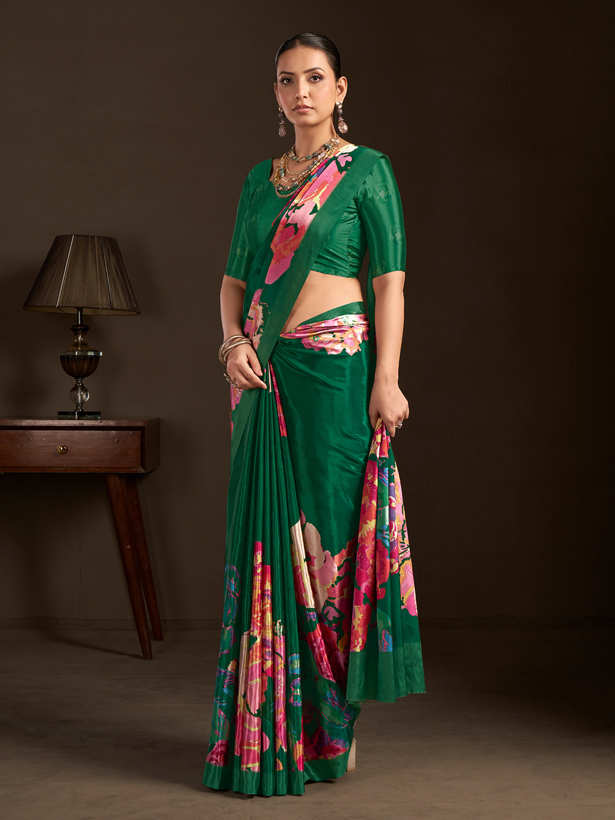 Pastel green printed ready to wear silk crepe saree