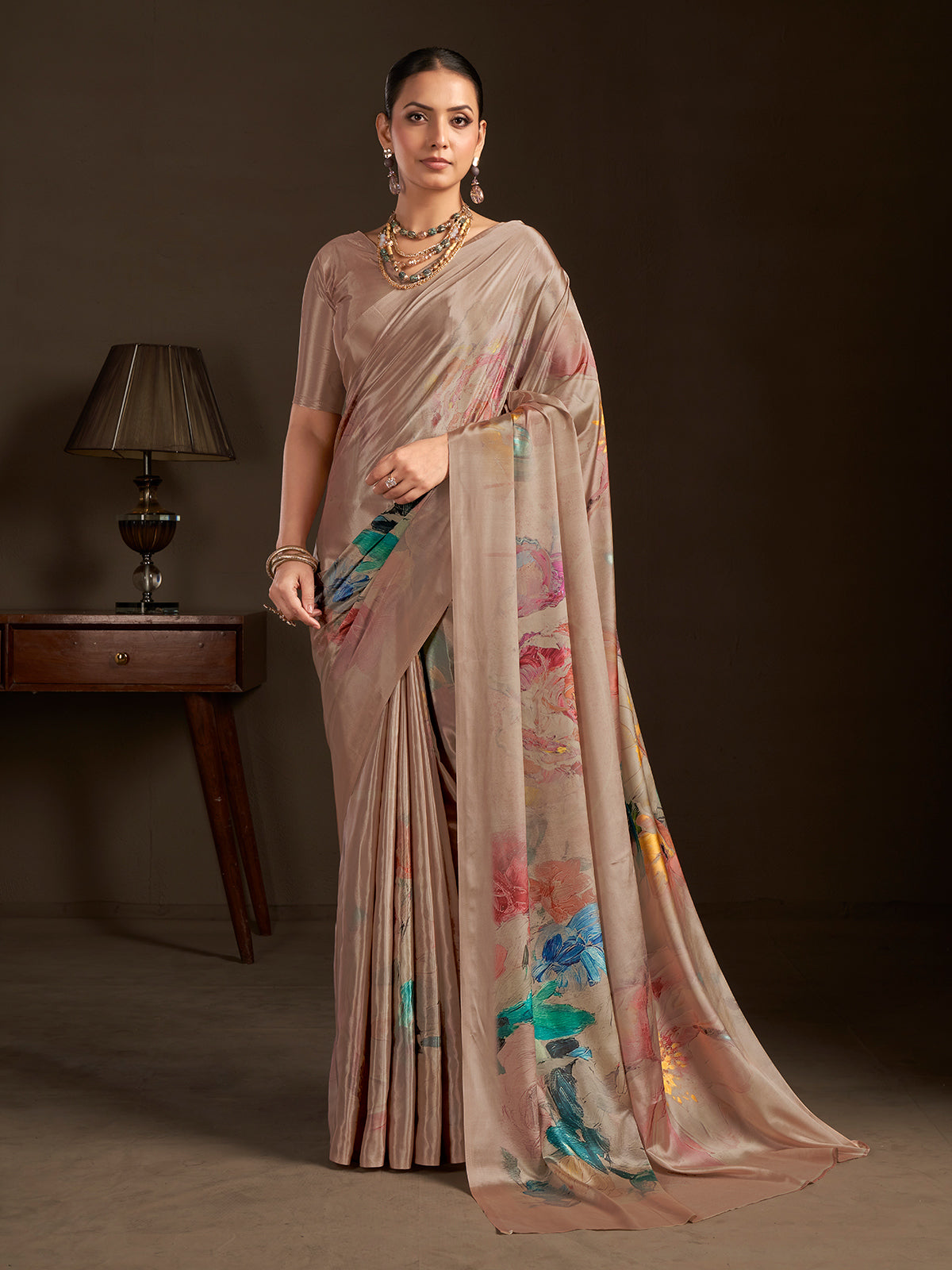Pastel brown ready to wear silk crepe saree with stitched blouse