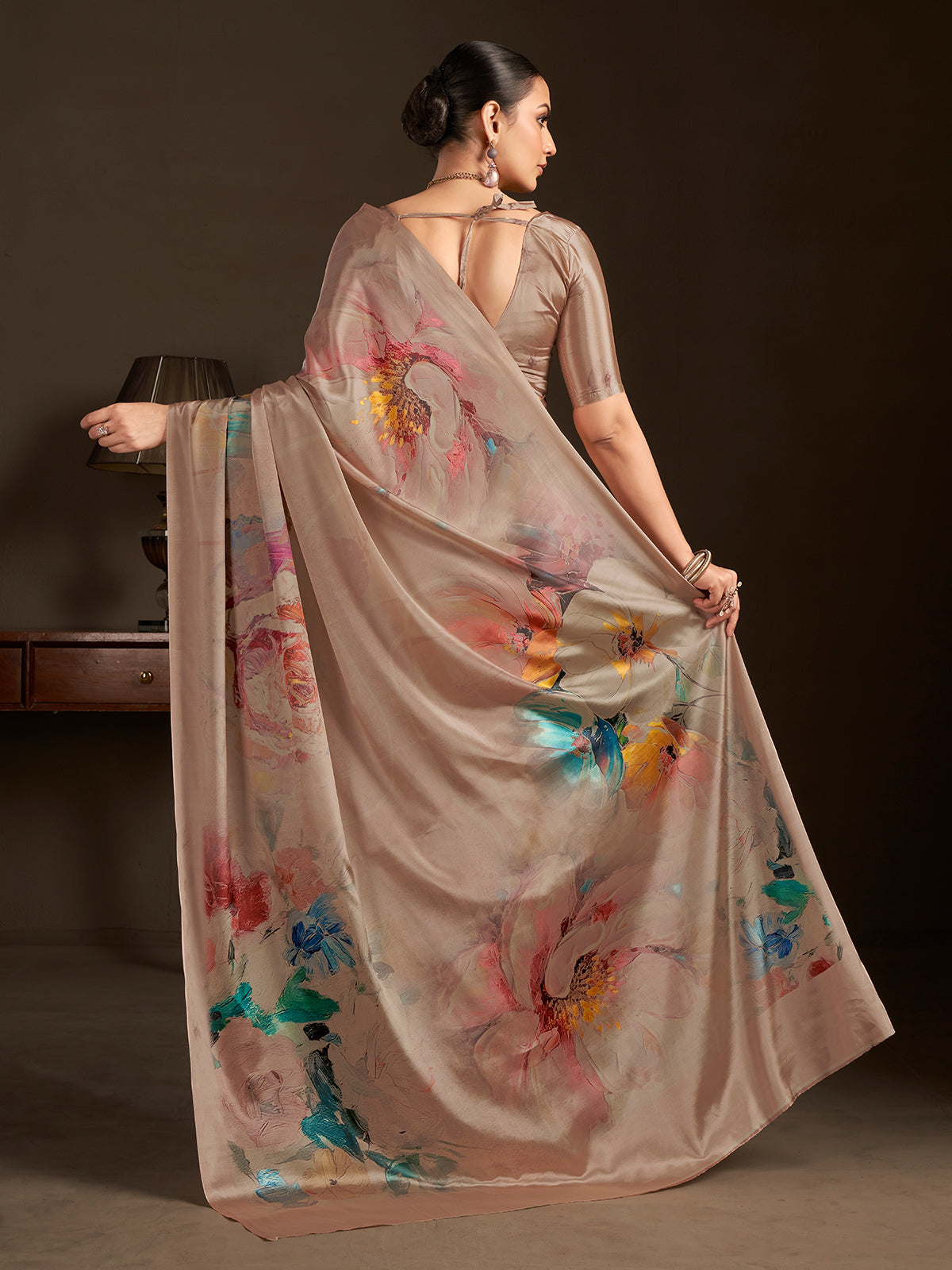 Pastel brown ready to wear silk crepe saree with stitched blouse
