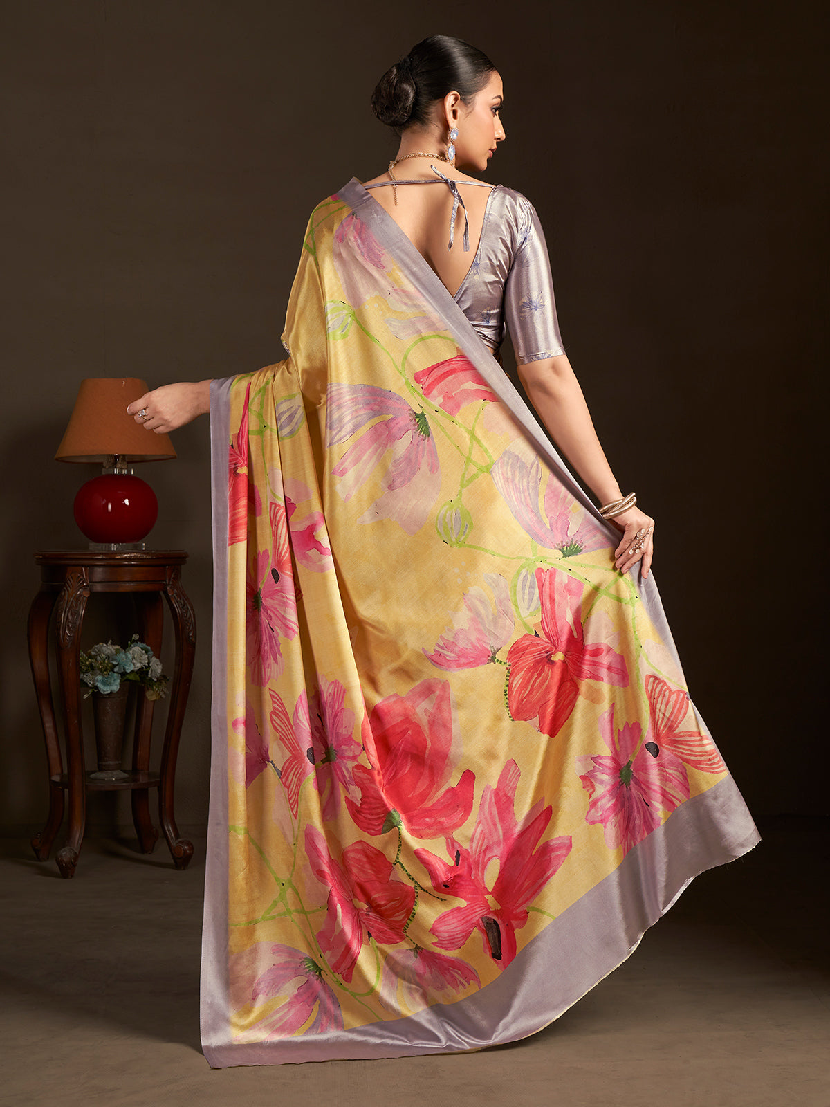 Pastel yellow ready to wear silk crepe saree for party wear