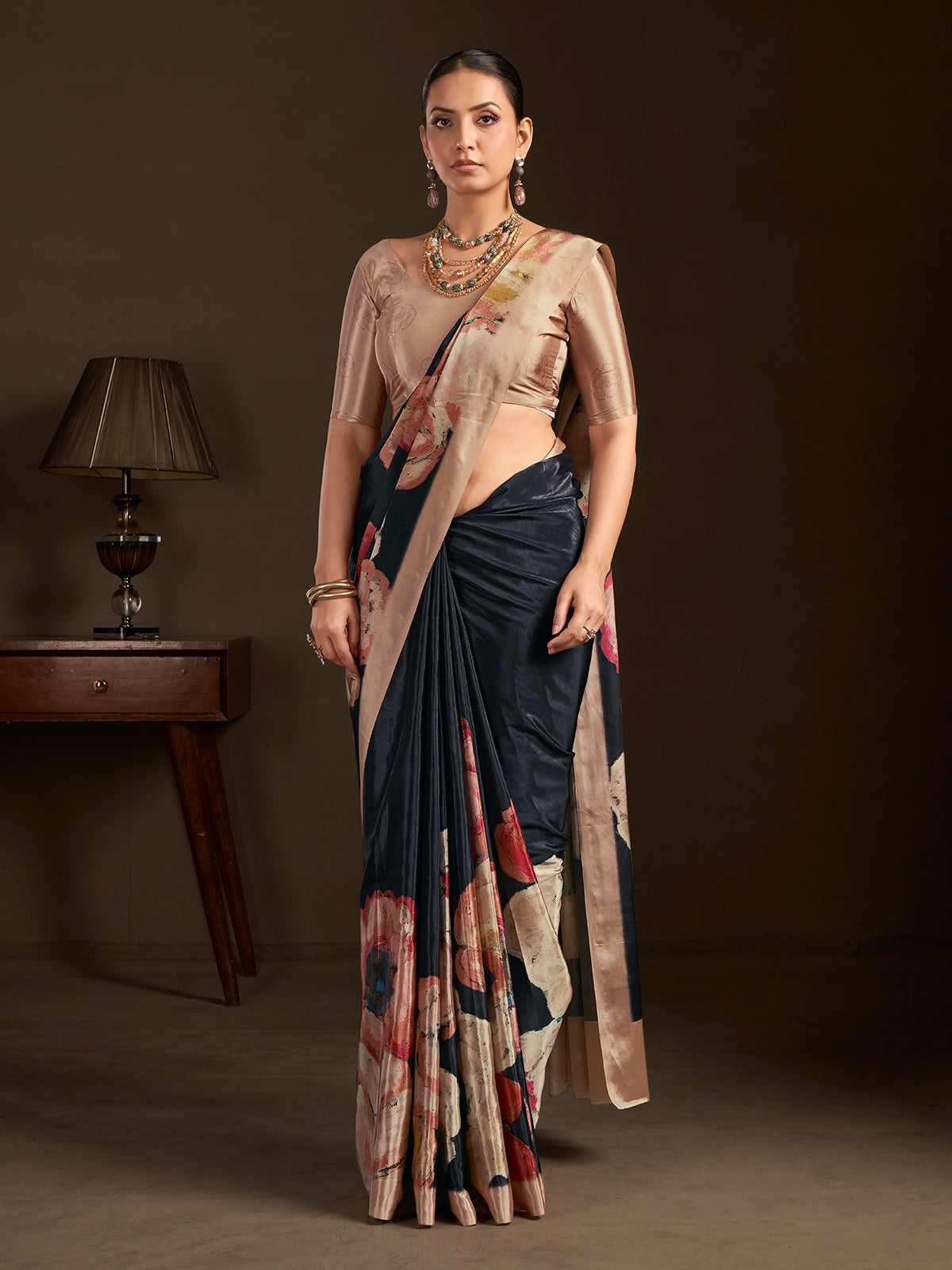 Pastel black ready to wear silk crepe saree for festive