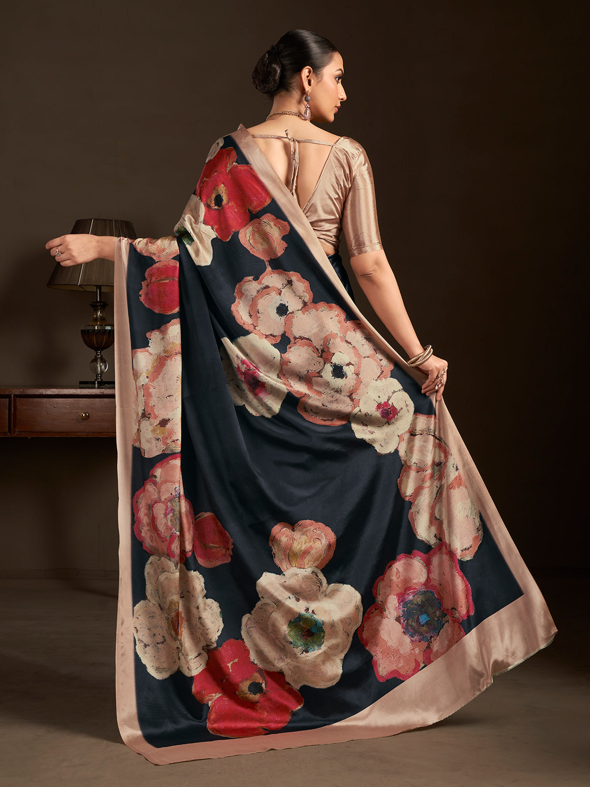 Pastel black ready to wear silk crepe saree for festive