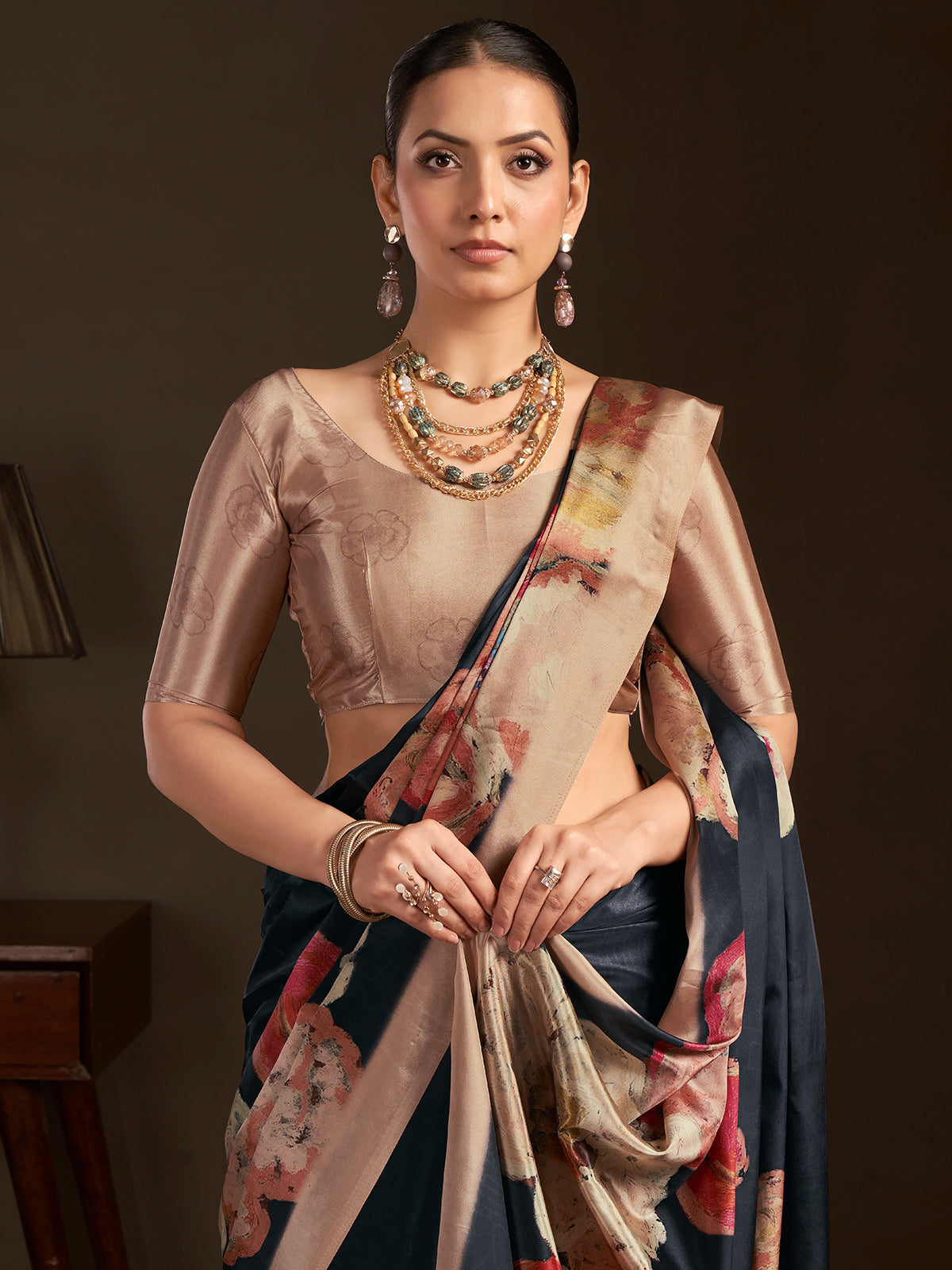 Pastel black ready to wear silk crepe saree for festive