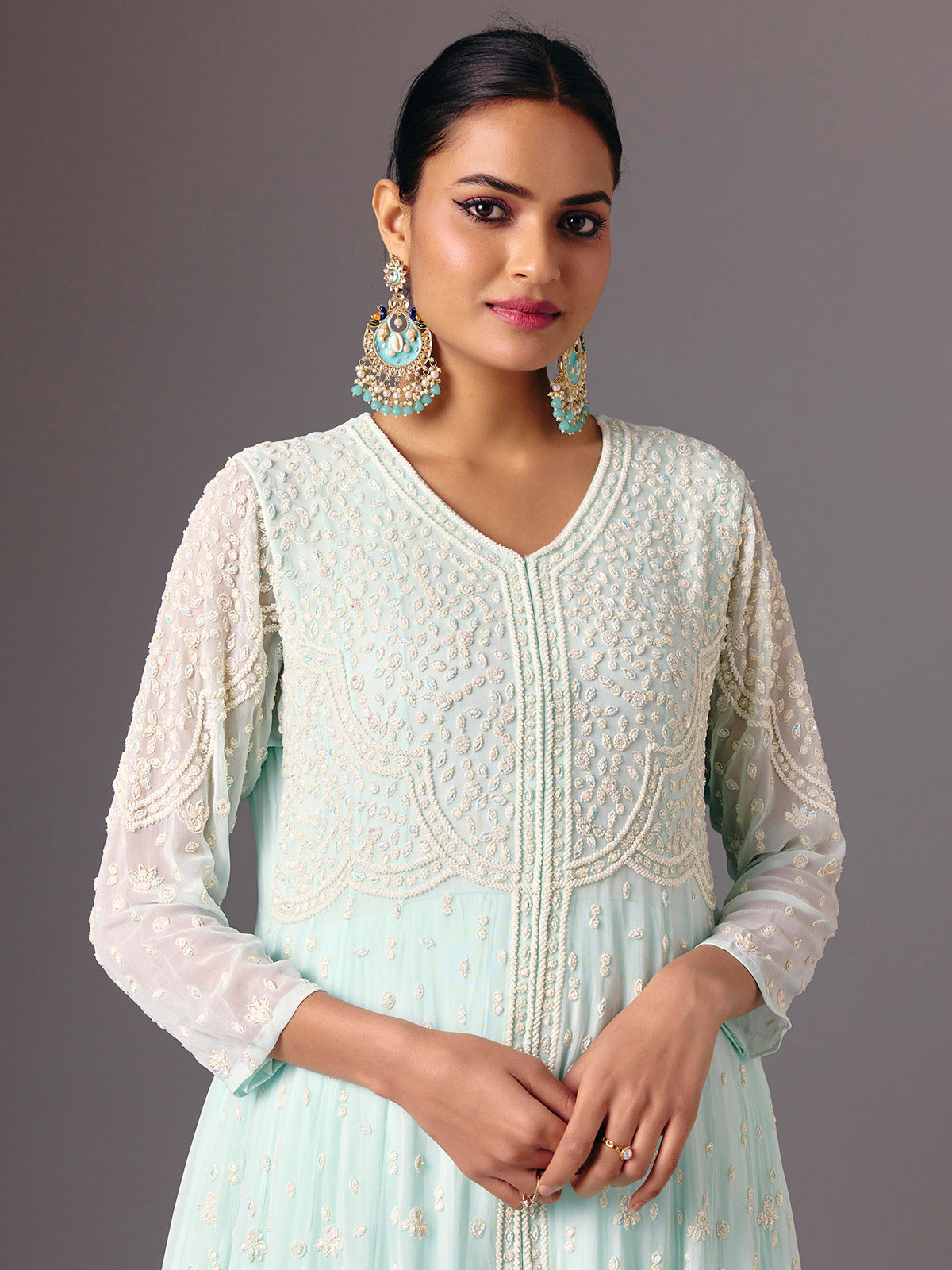 Light blue georgette v neck anarkali suit for festive wear