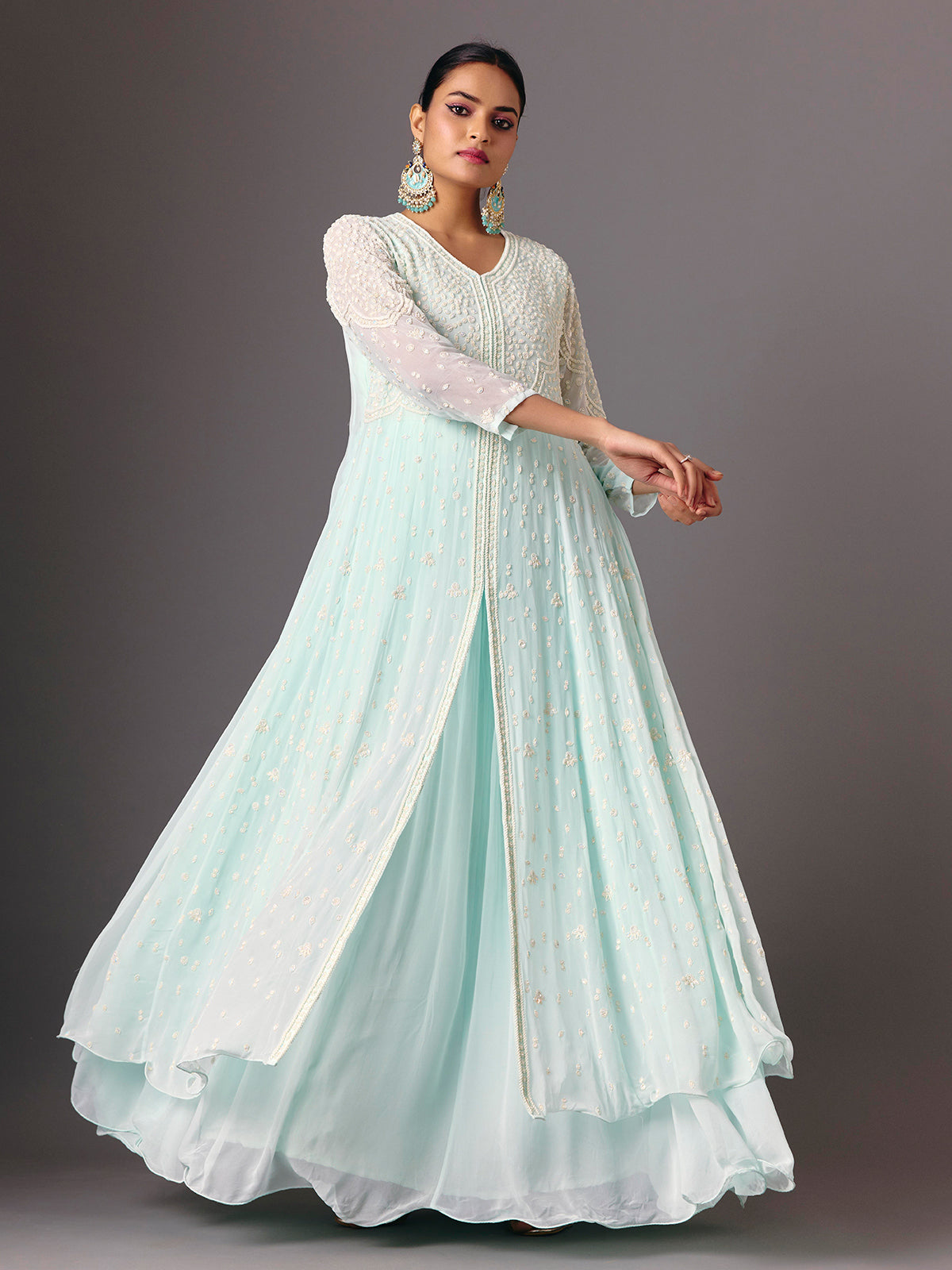 Light blue georgette v neck anarkali suit for festive wear
