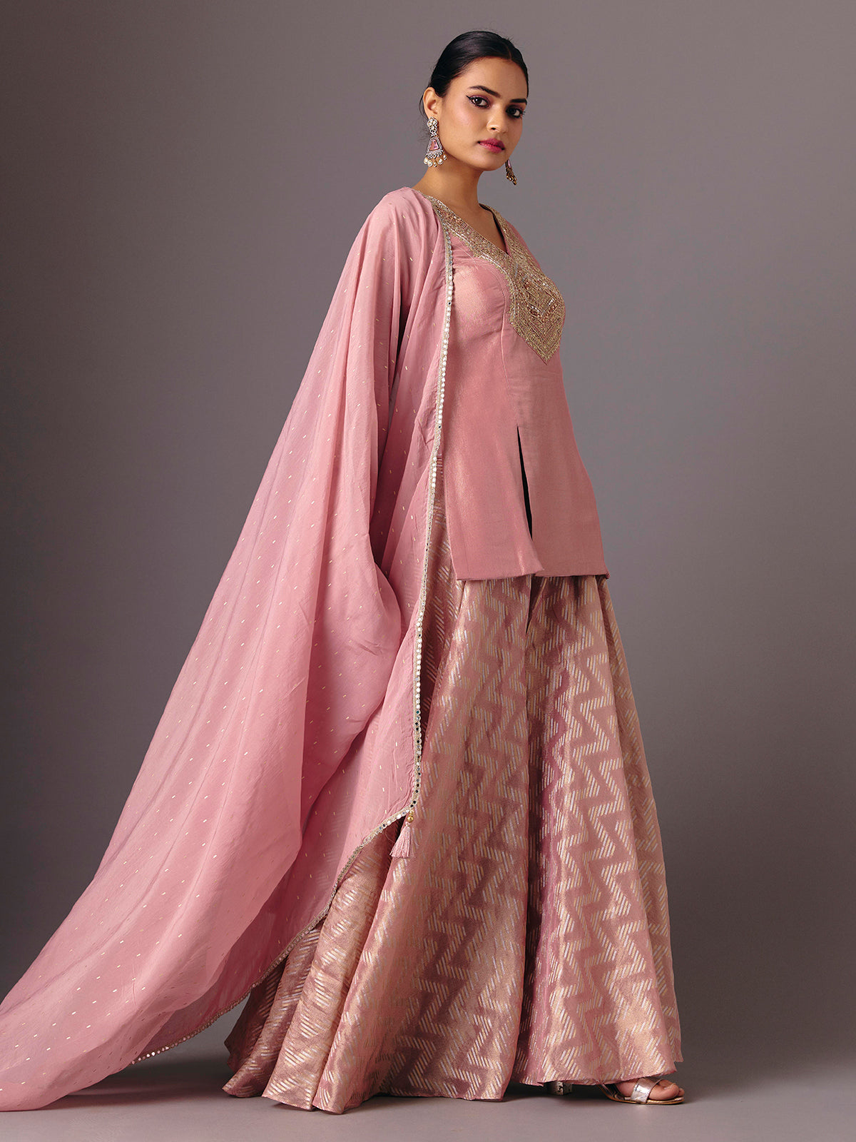 Onion pink silk v neck palazzo suit