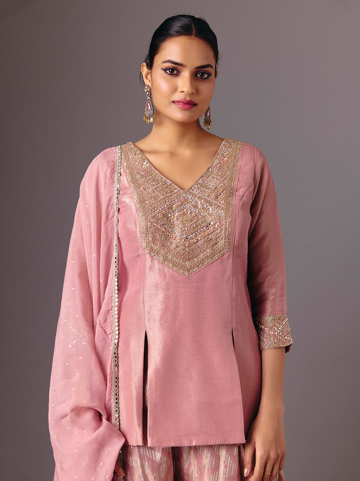 Onion pink silk v neck palazzo suit