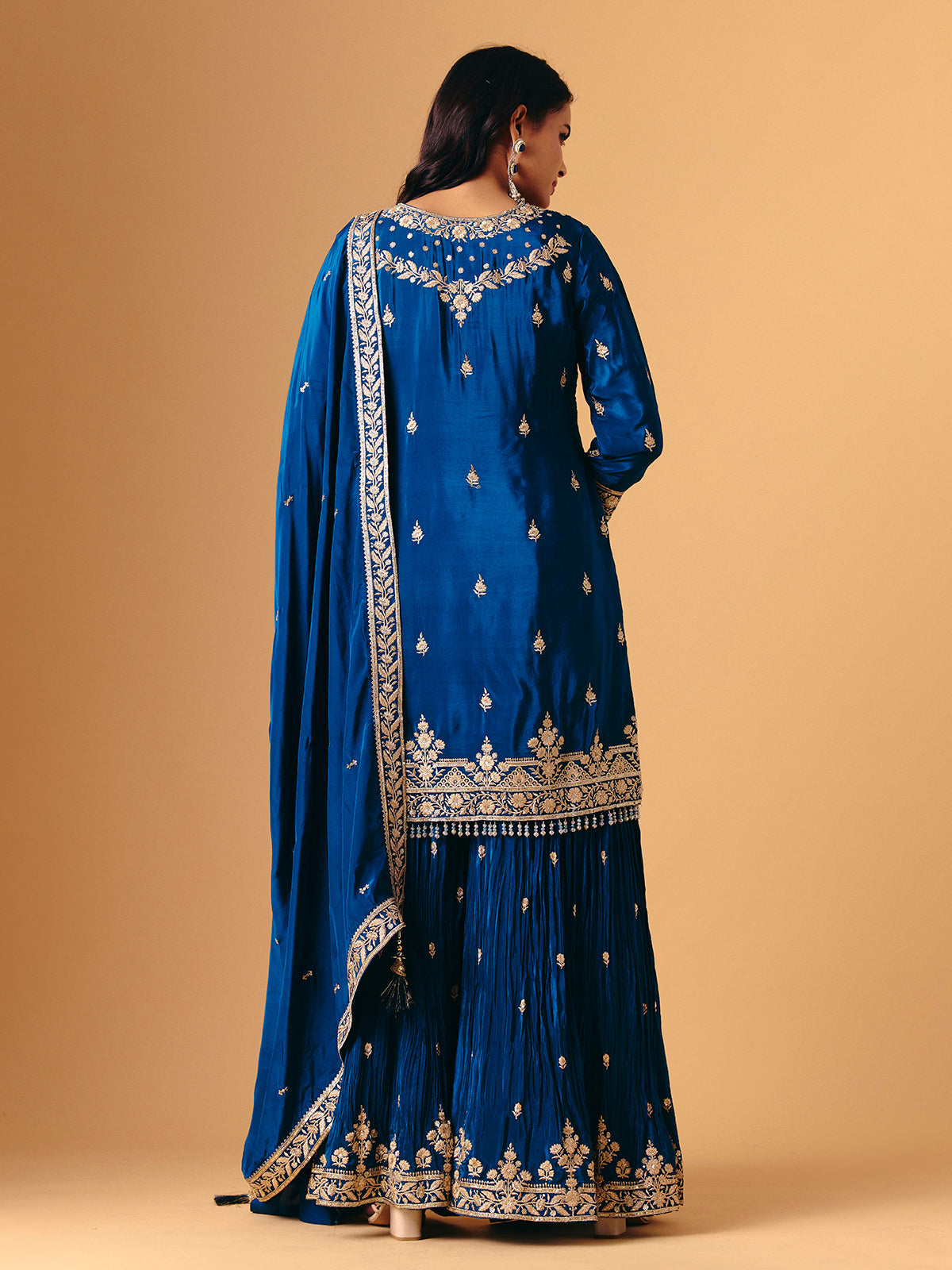 Blue silk quarter sleeve palazzo suit for reception wear