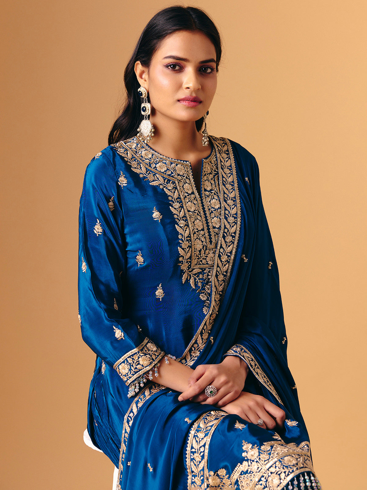 Blue silk quarter sleeve palazzo suit for reception wear