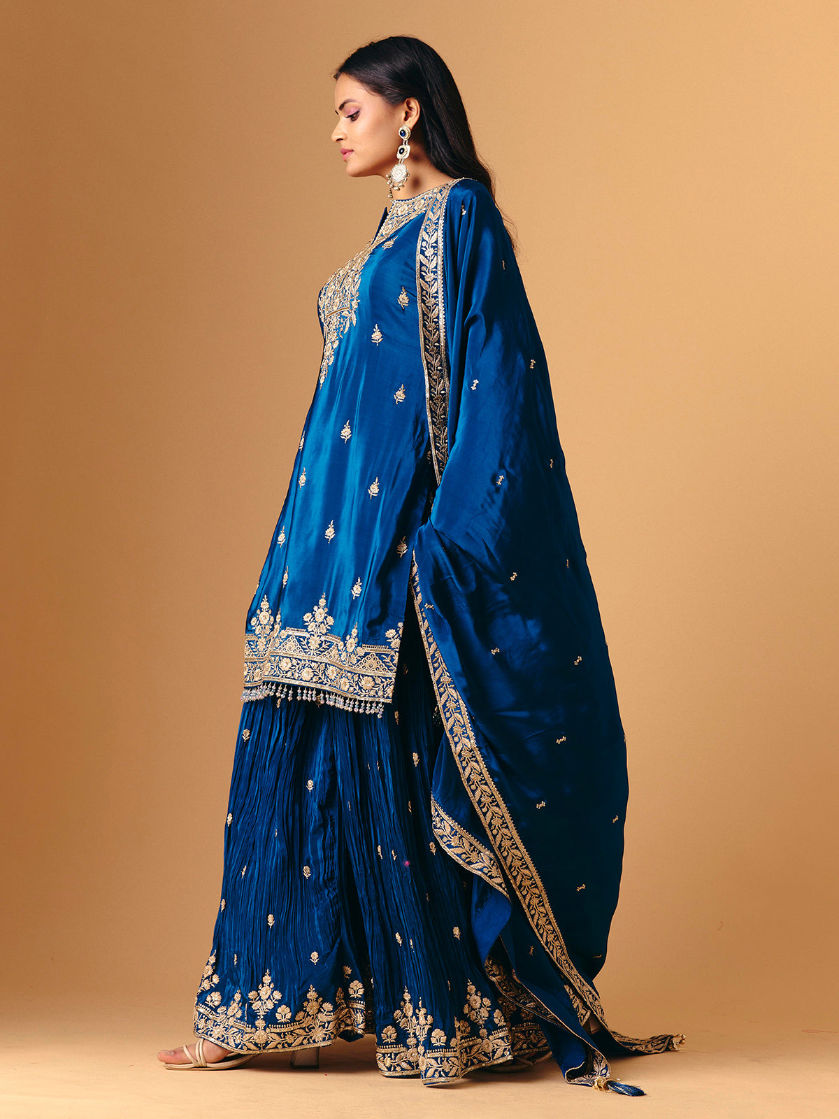 Blue silk quarter sleeve palazzo suit for reception wear