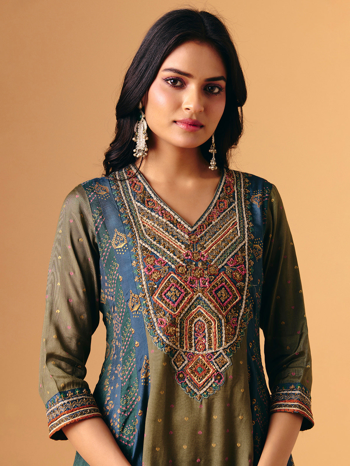 Mehendi green cotton silk v neck palazzo suit for women