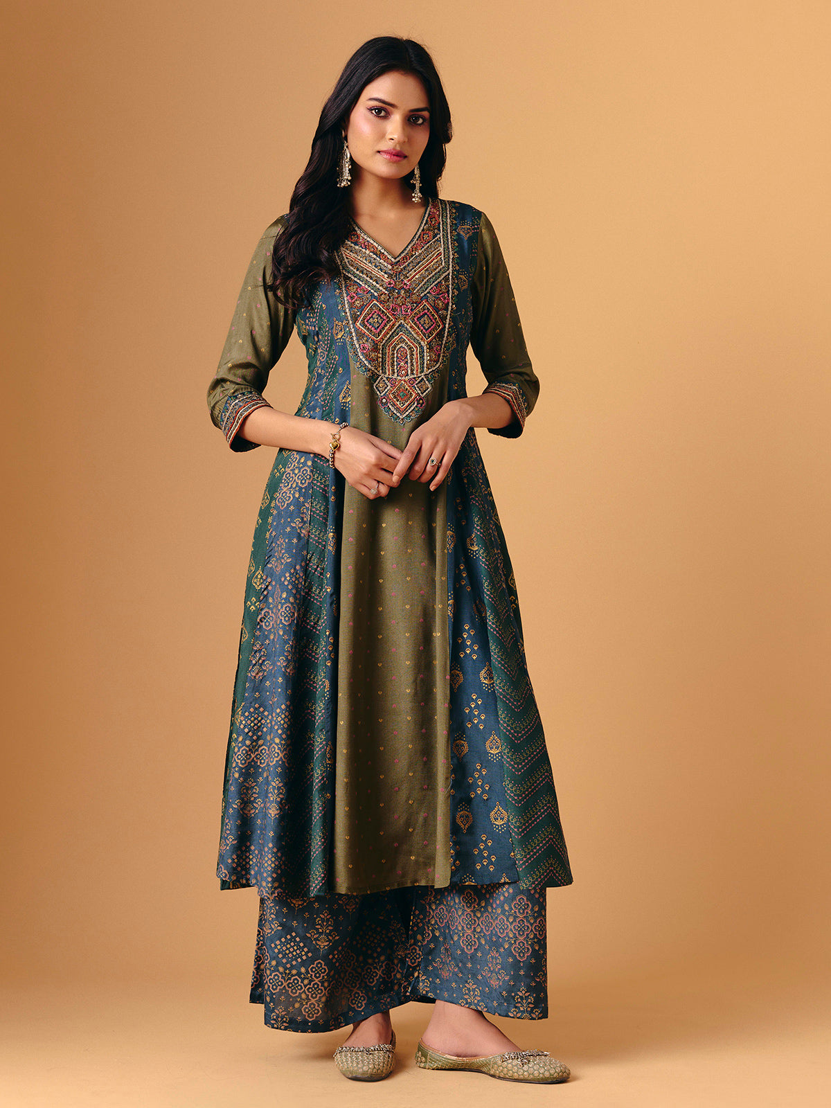 Mehendi green cotton silk v neck palazzo suit for women