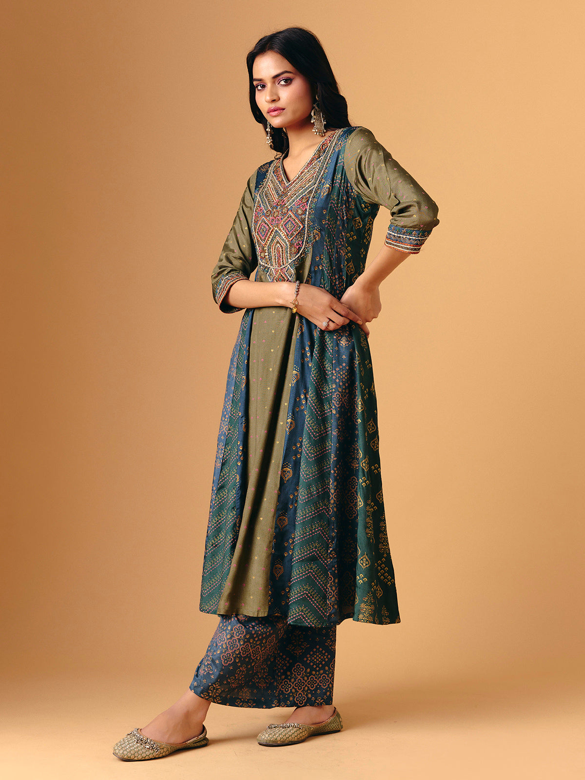 Mehendi green cotton silk v neck palazzo suit for women